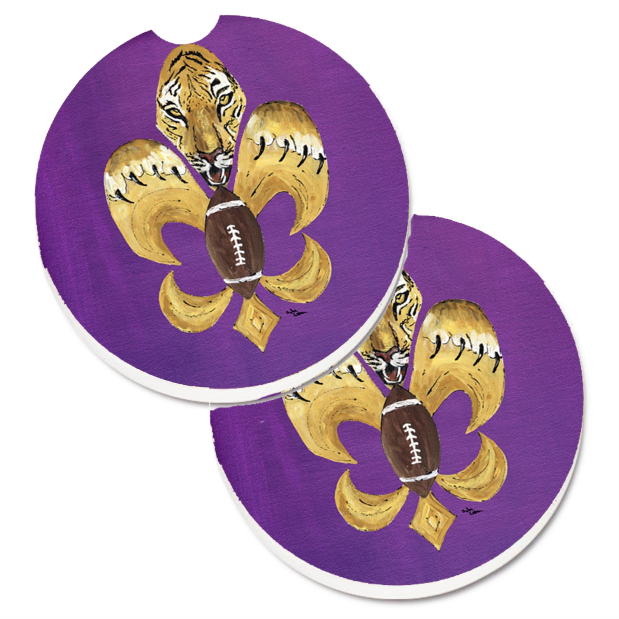 Caroline'S Treasures Tiger Football Fleur De Lis Set Of 2 Cup Holder Car Coasters 8205-2Carc, 2.56, Multicolor