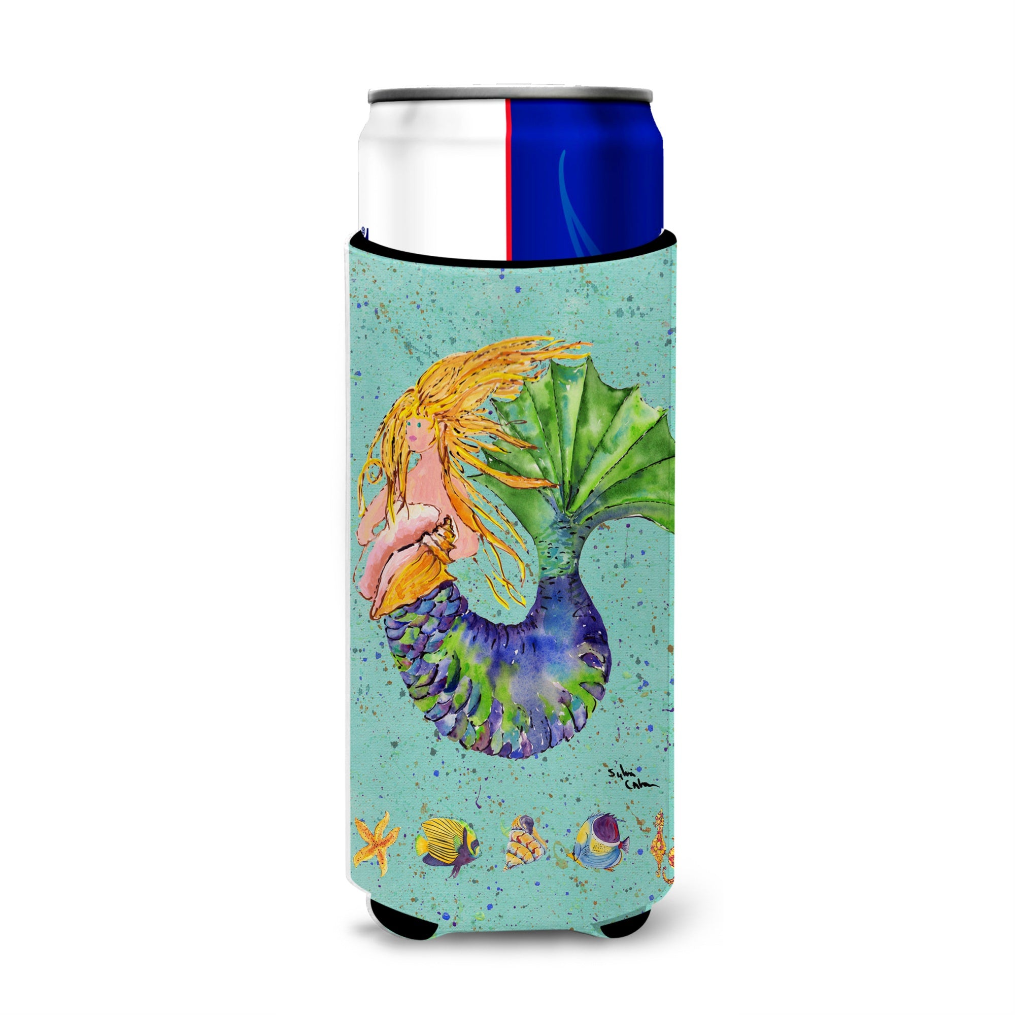 Blonde Mermaid On Teal Ultra Beverage Insulators For Slim Cans 8336Muk