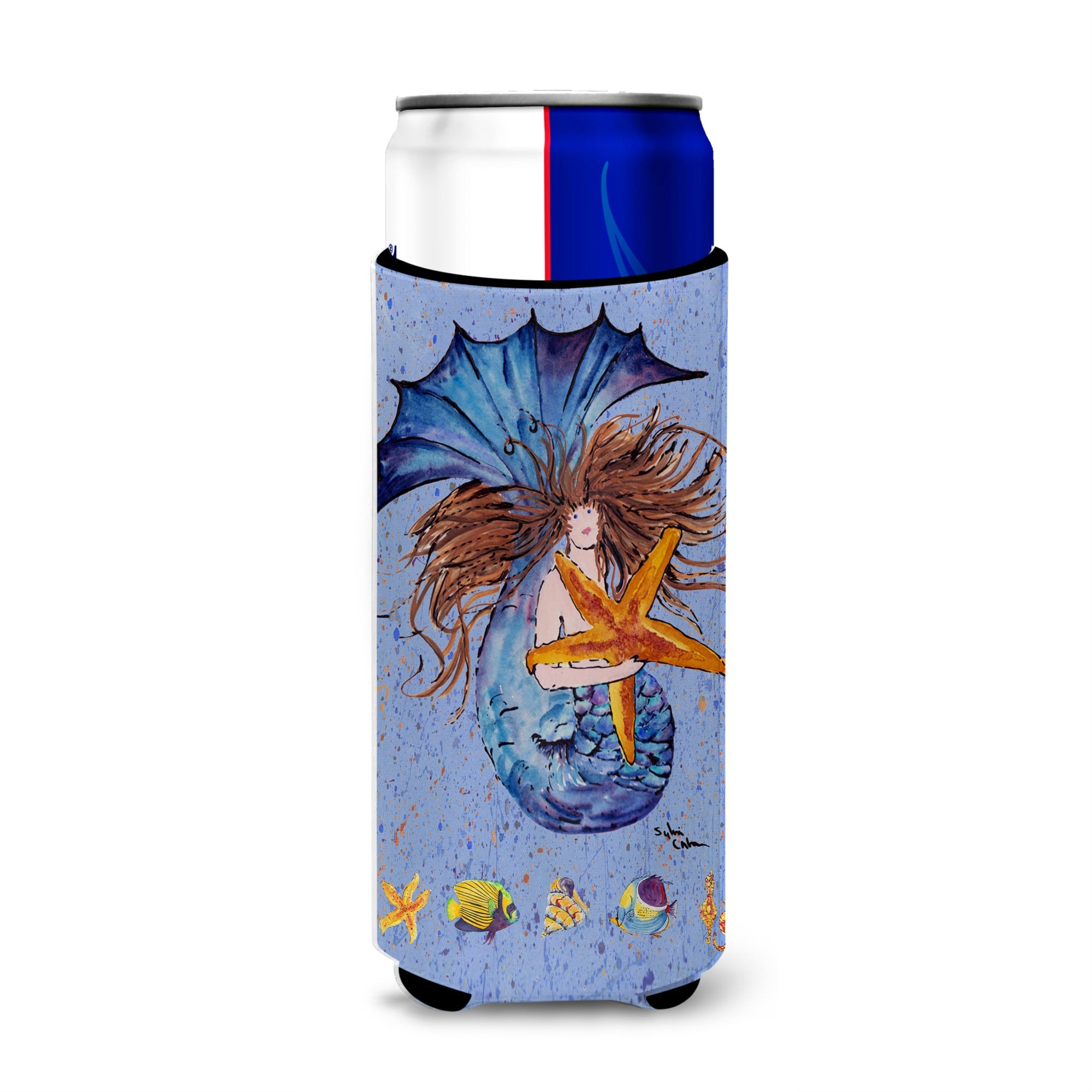 Brown Headed Mermaid On Blue Ultra Beverage Insulators For Slim Cans 8337Muk