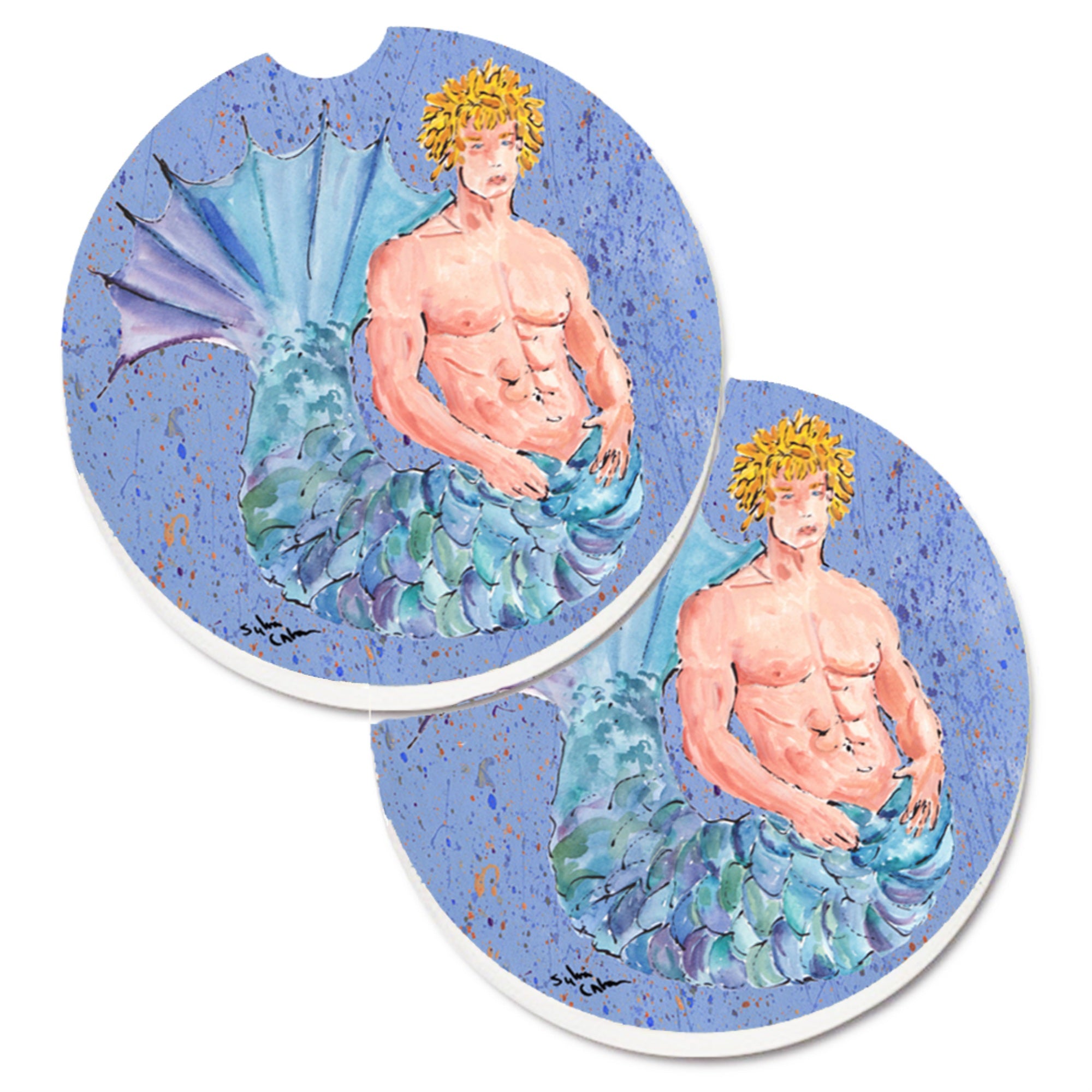 Caroline'S Treasures Merman Set Of 2 Cup Holder Car Coasters 8347Carc, 2.56, Multicolor