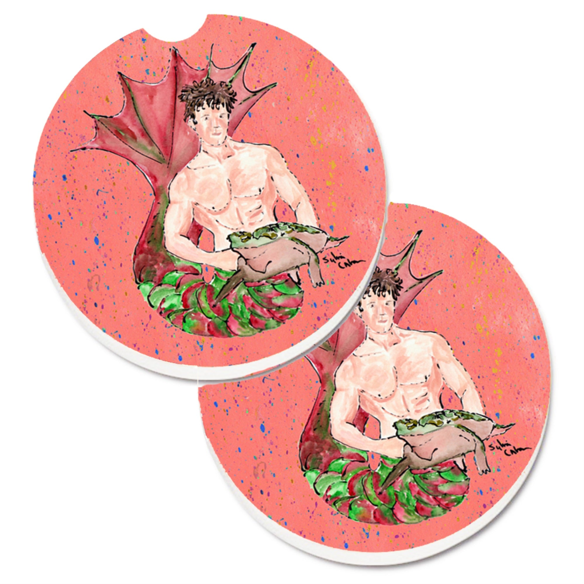 Caroline'S Treasures Merman Set Of 2 Cup Holder Car Coasters 8348Carc, 2.56, Multicolor