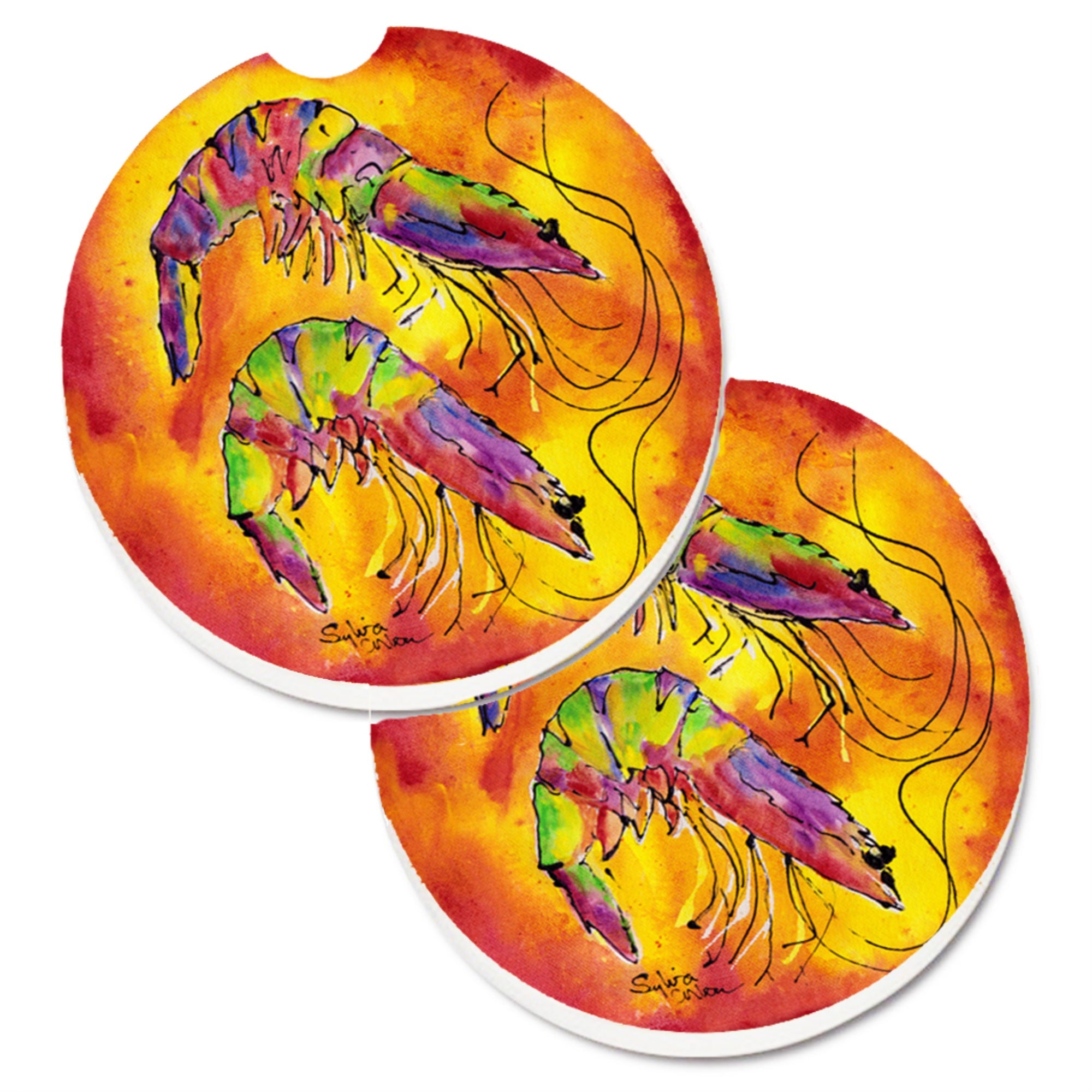 Caroline'S Treasures Bright Shrimp On Red Set Of 2 Cup Holder Car Coasters 8378Carc, 2.56, Multicolor