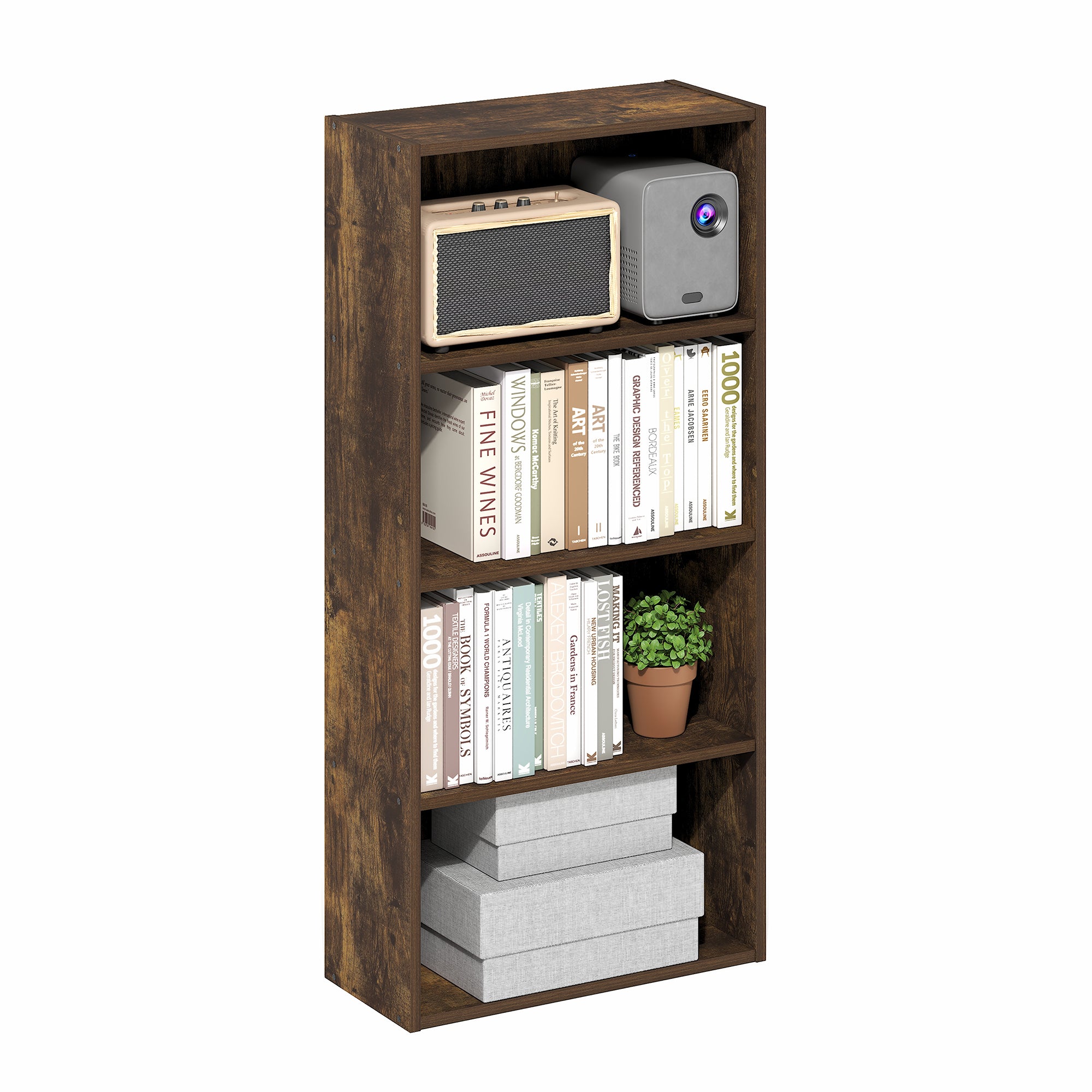 Furinno Basic 4-Tier Open Shelf Bookcase, Bookshelf, Storage Organizer, 7 x 17 x 35, Amber Pine