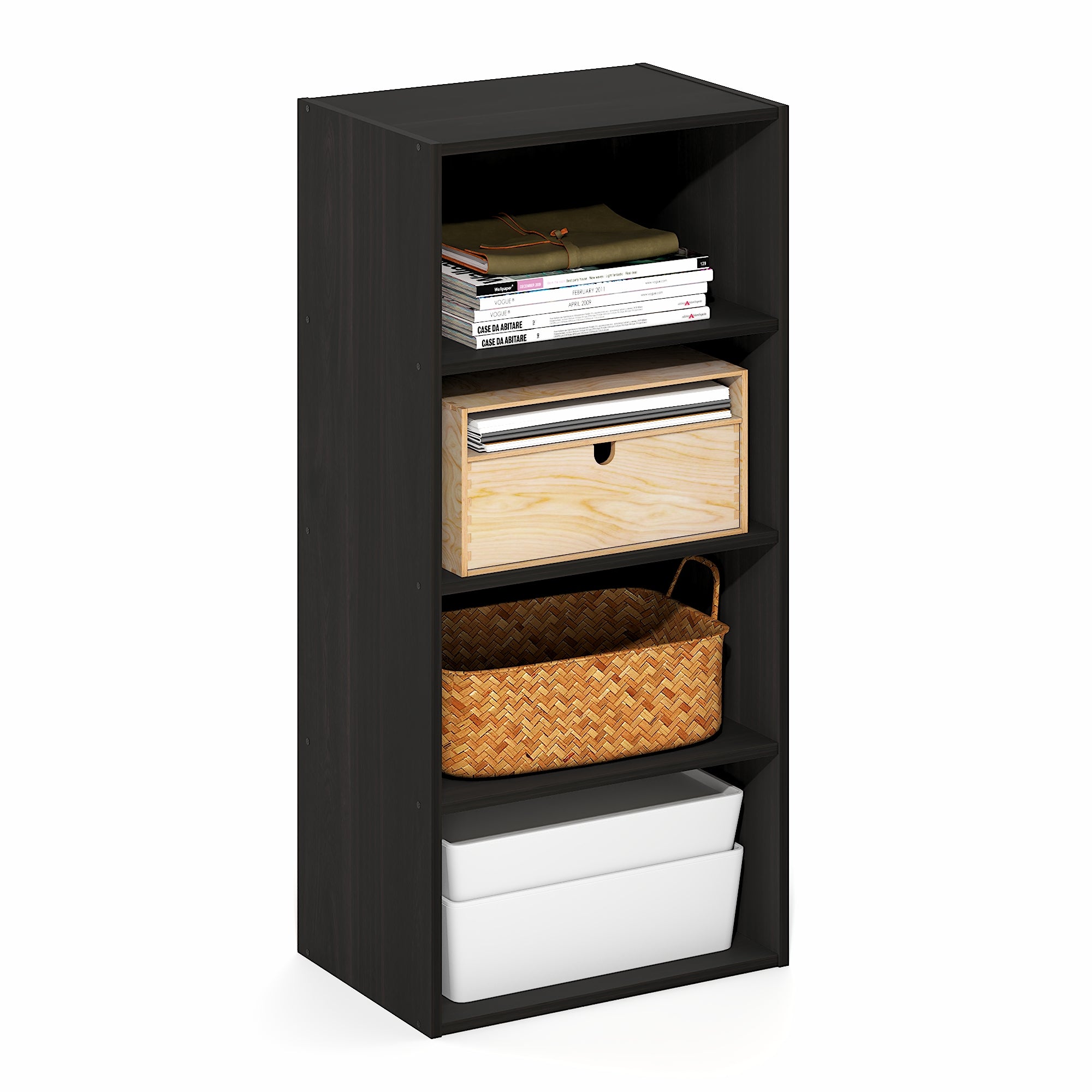 Furinno Basic 4-Tier Open Shelf Bookcase, Bookshelf, Storage Organizer, 11 x 17 x 35, Espresso