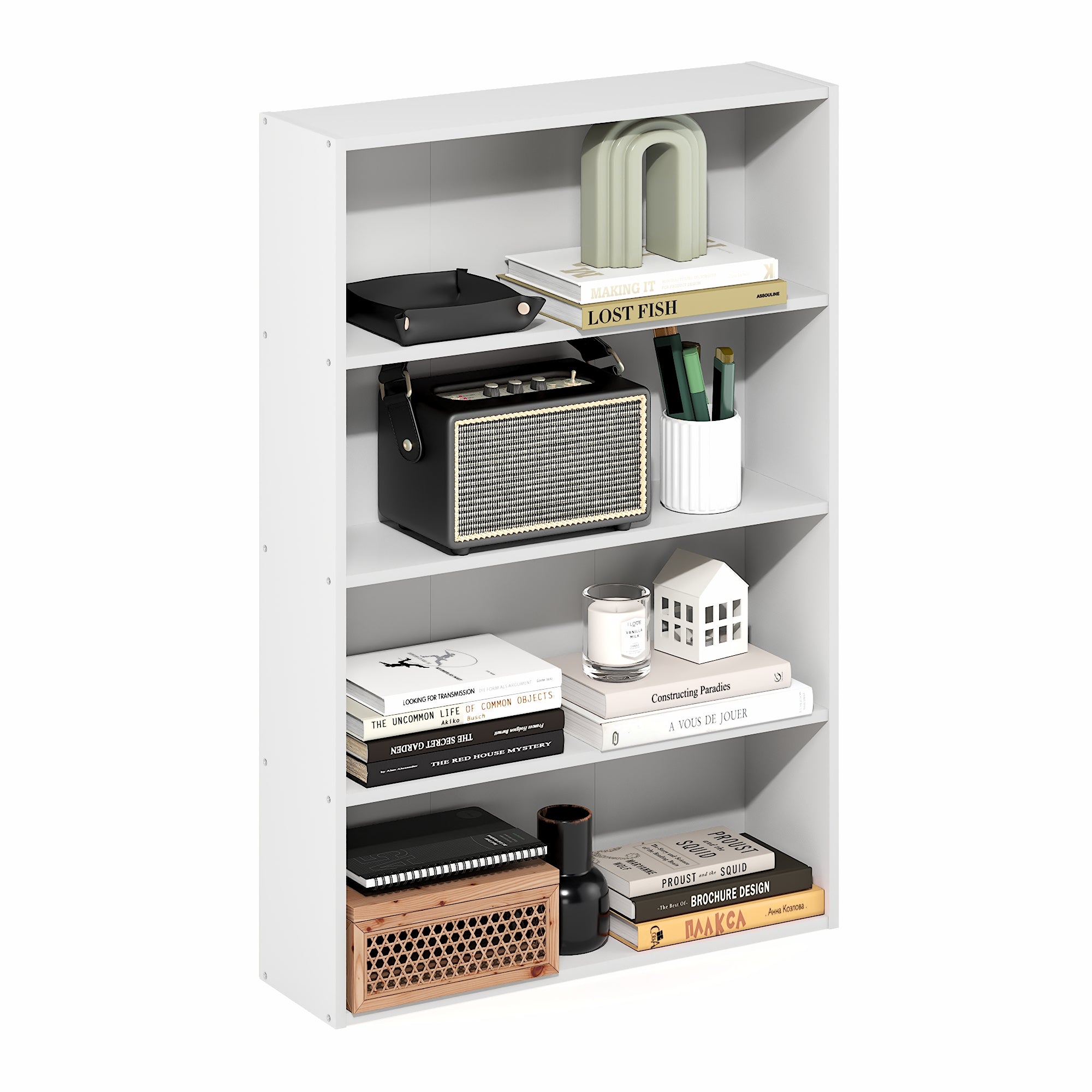 Furinno Basic 4-Tier Open Shelf Bookcase, Bookshelf, Storage Organizer, 6 x 24 x 35, White