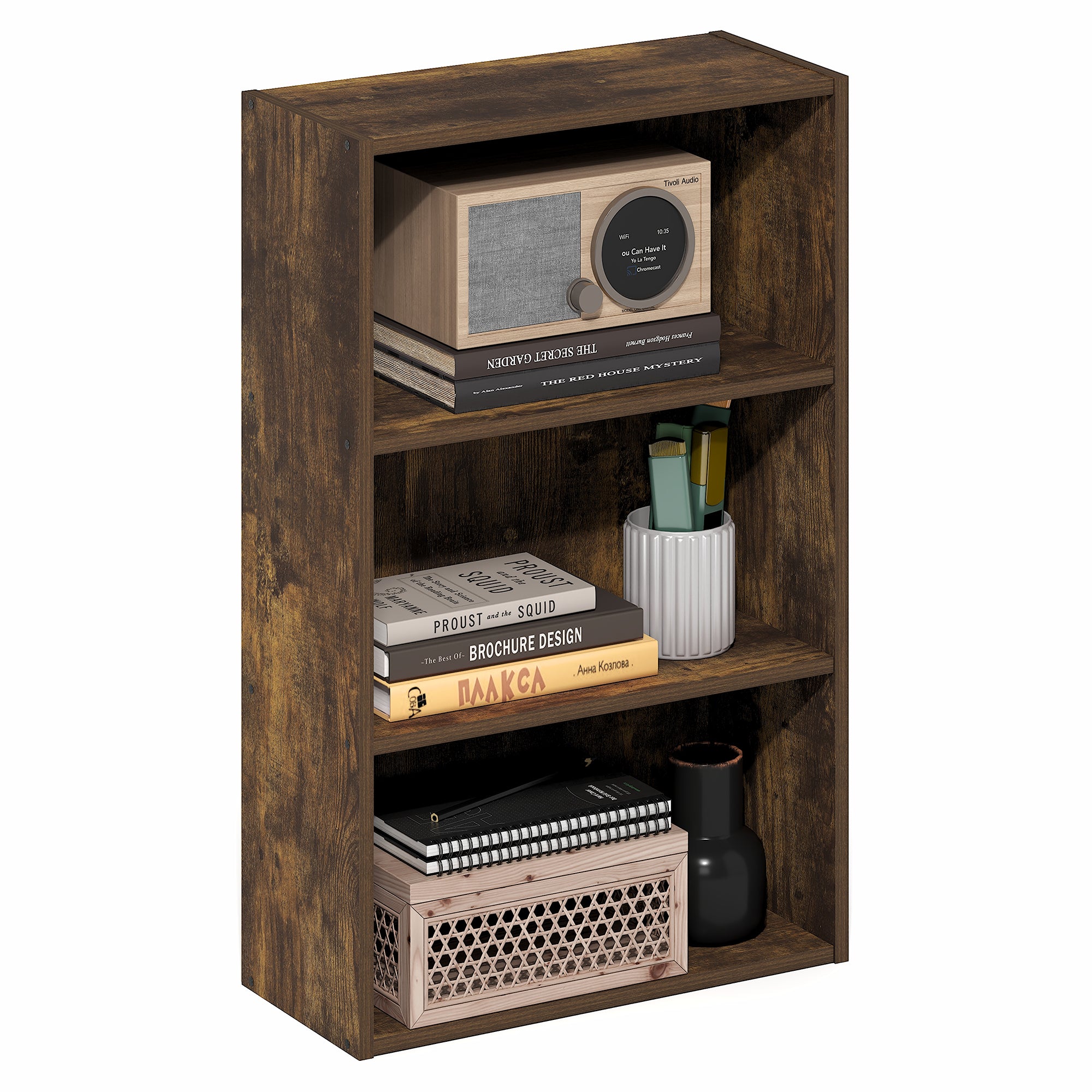 Furinno Basic 3-Tier Open Shelf Bookcase, Bookshelf, Storage Organizer, 7 x 17 x 26, Amber Pine