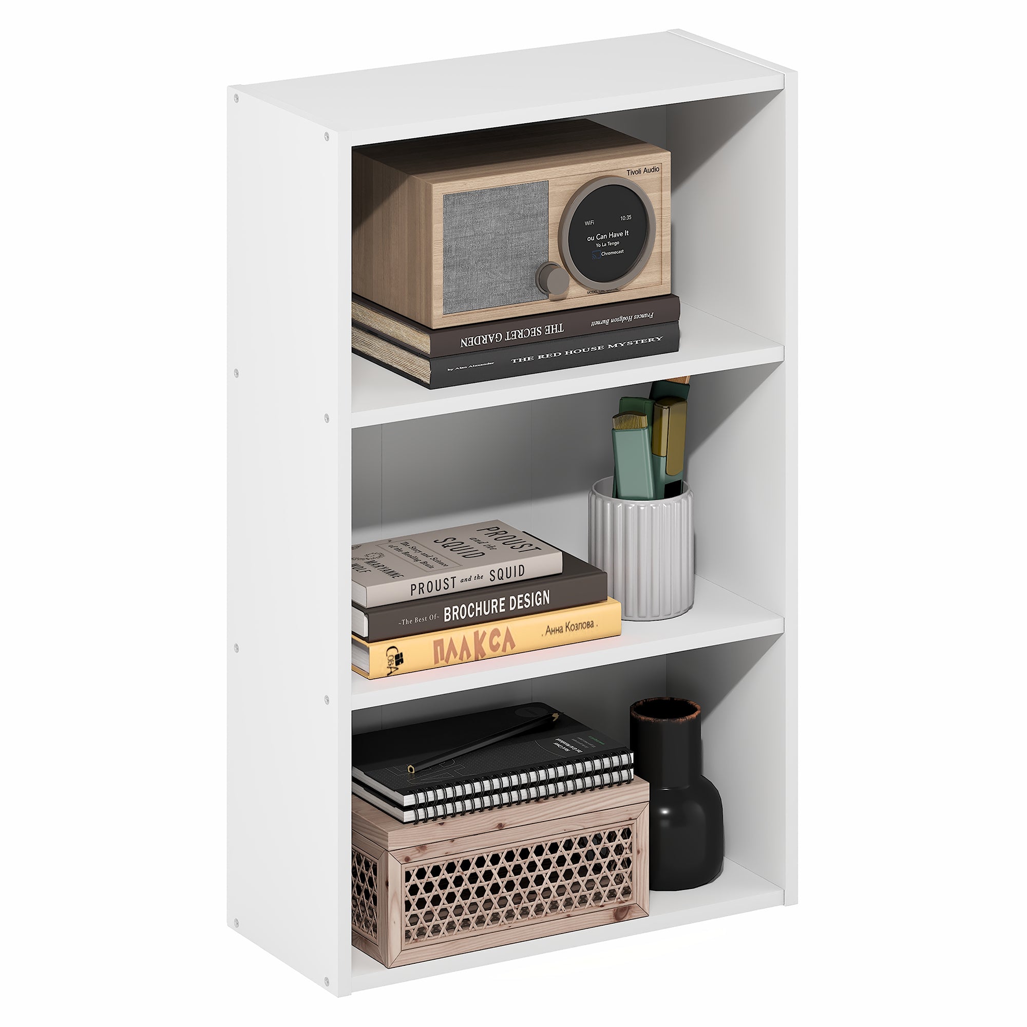 Furinno Basic 3-Tier Open Shelf Bookcase, Bookshelf, Storage Organizer, 7 x 17 x 26, White