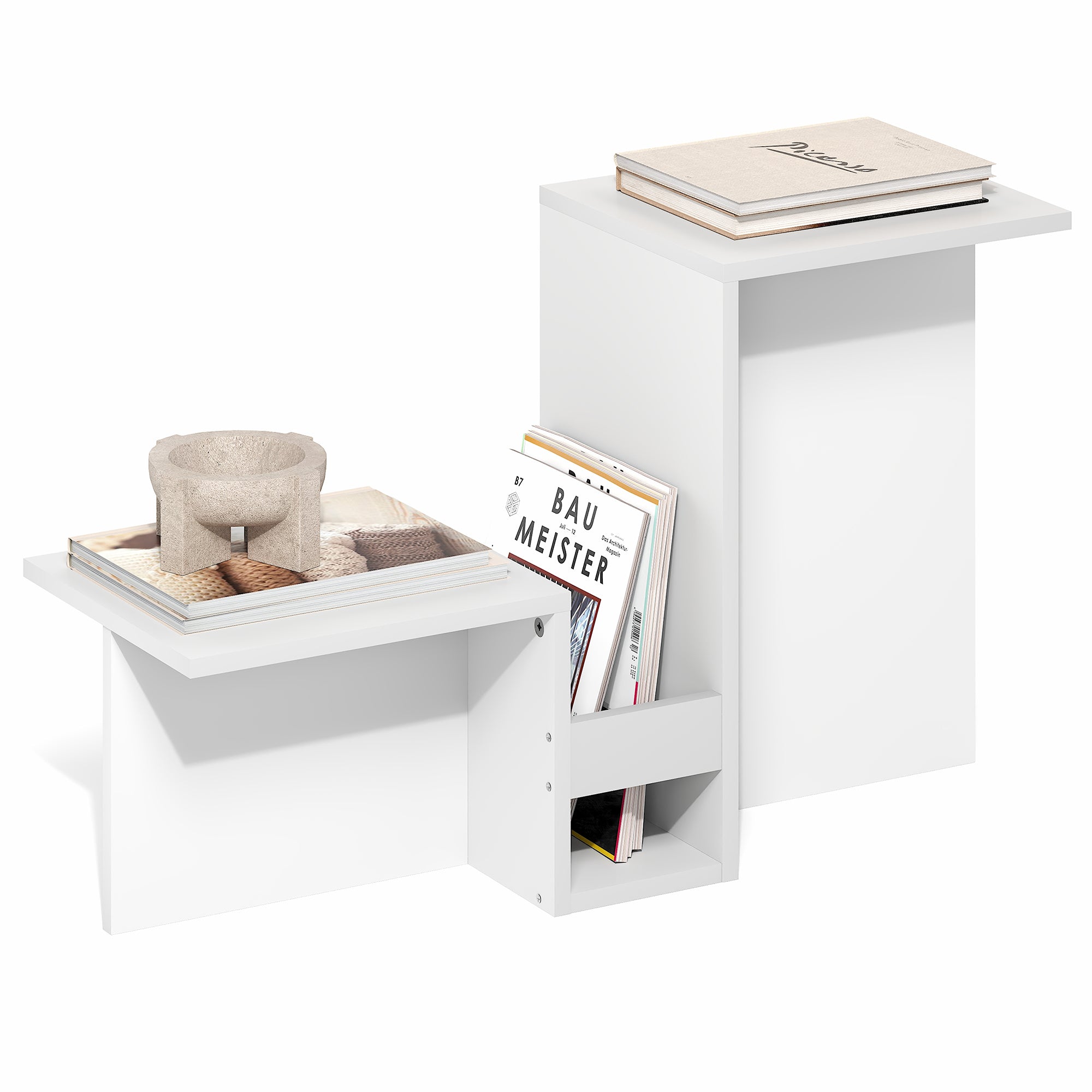 Furinno BOYATE Side Table, Valley Shaped End Table, Side Table with Tiered Levels Shelf and Magazine Rack, for Living Room, White