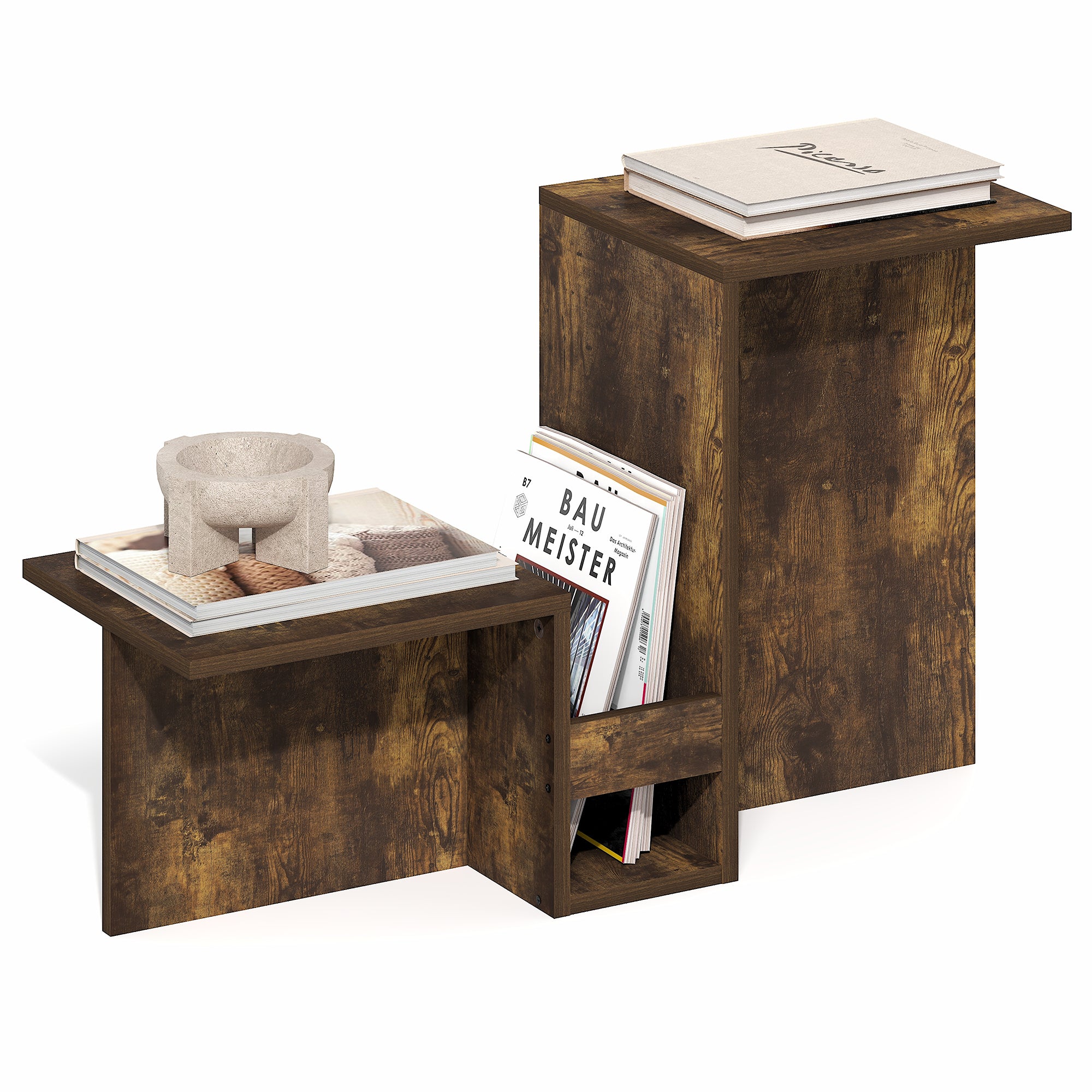 Furinno BOYATE Side Table, Valley Shaped End Table, Side Table with Tiered Levels Shelf and Magazine Rack, for Living Room, Amber Pine