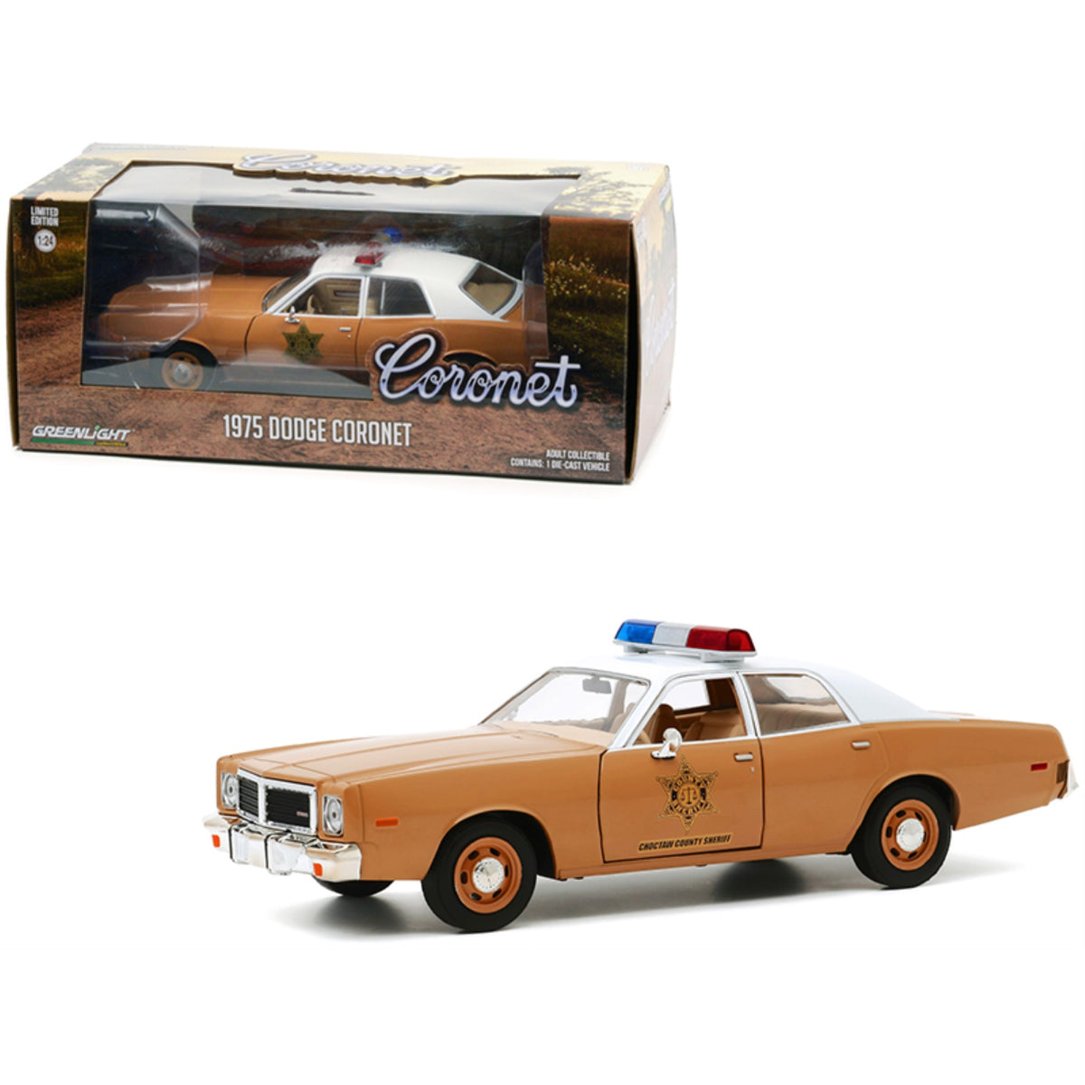 1975 Dodge Coronet Brown With White Top 'Choctaw County Sheriff' 1/24 Diecast Model Car By Greenlight