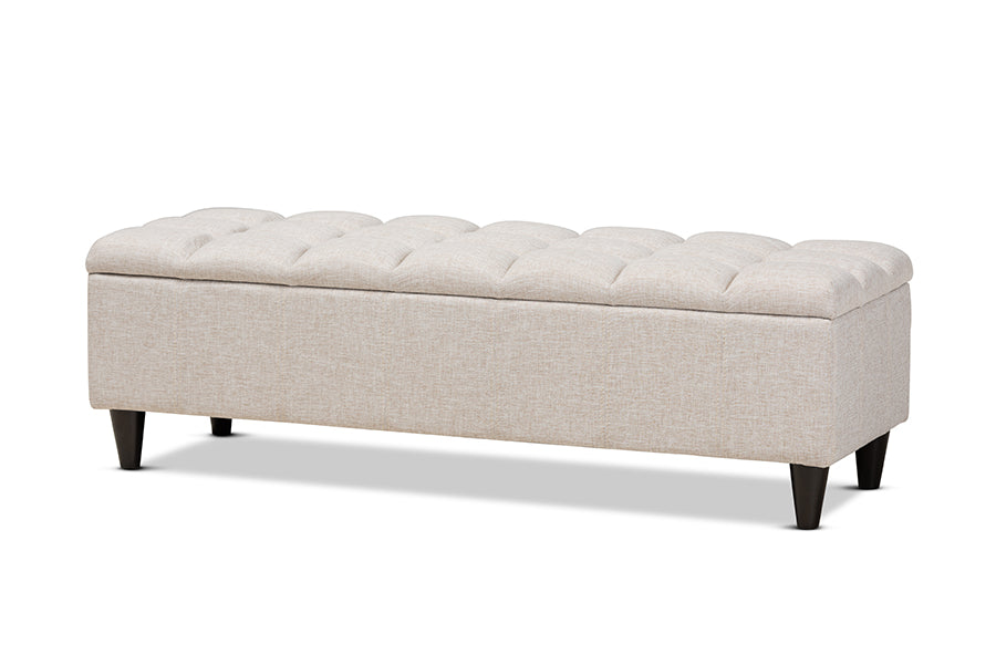 Baxton Studio Brette Mid-Century Modern Beige Fabric Upholstered Dark Brown Finished Wood Storage Bench Ottoman