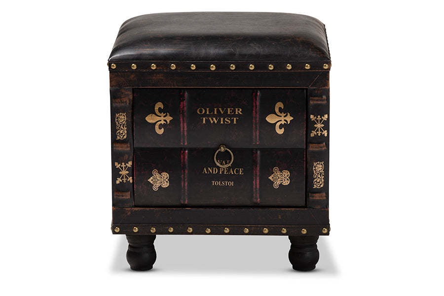 Baxton Studio Charlier Rustic Antique Inspired Dark Brown Faux Leather Upholstered Wood Storage Ottoman With Book Spine Drawer