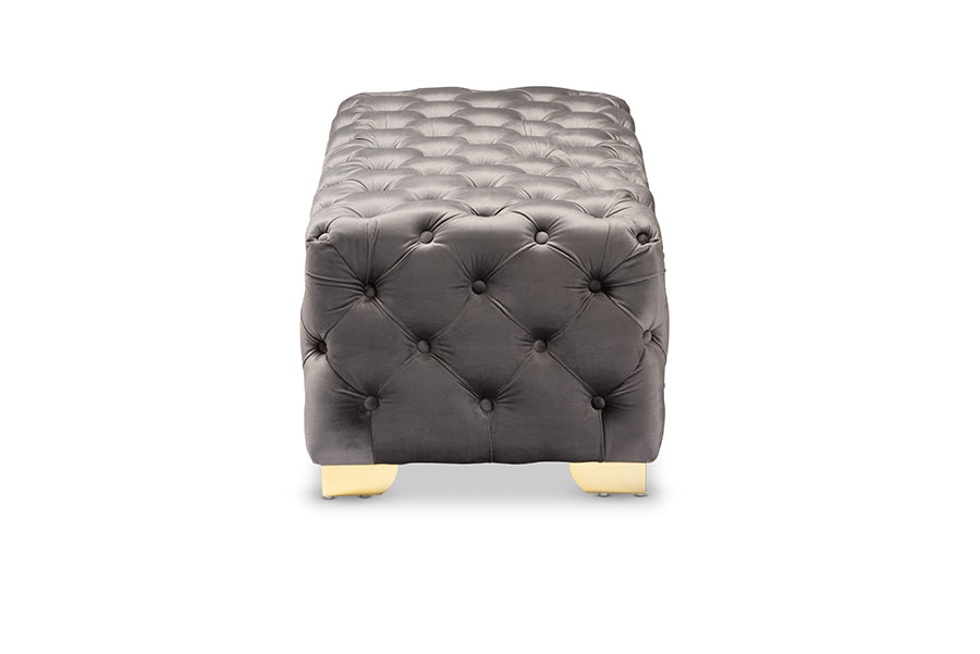 Baxton Studio Avara Glam And Luxe Gray Velvet Fabric Upholstered Gold Finished Button Tufted Bench Ottoman