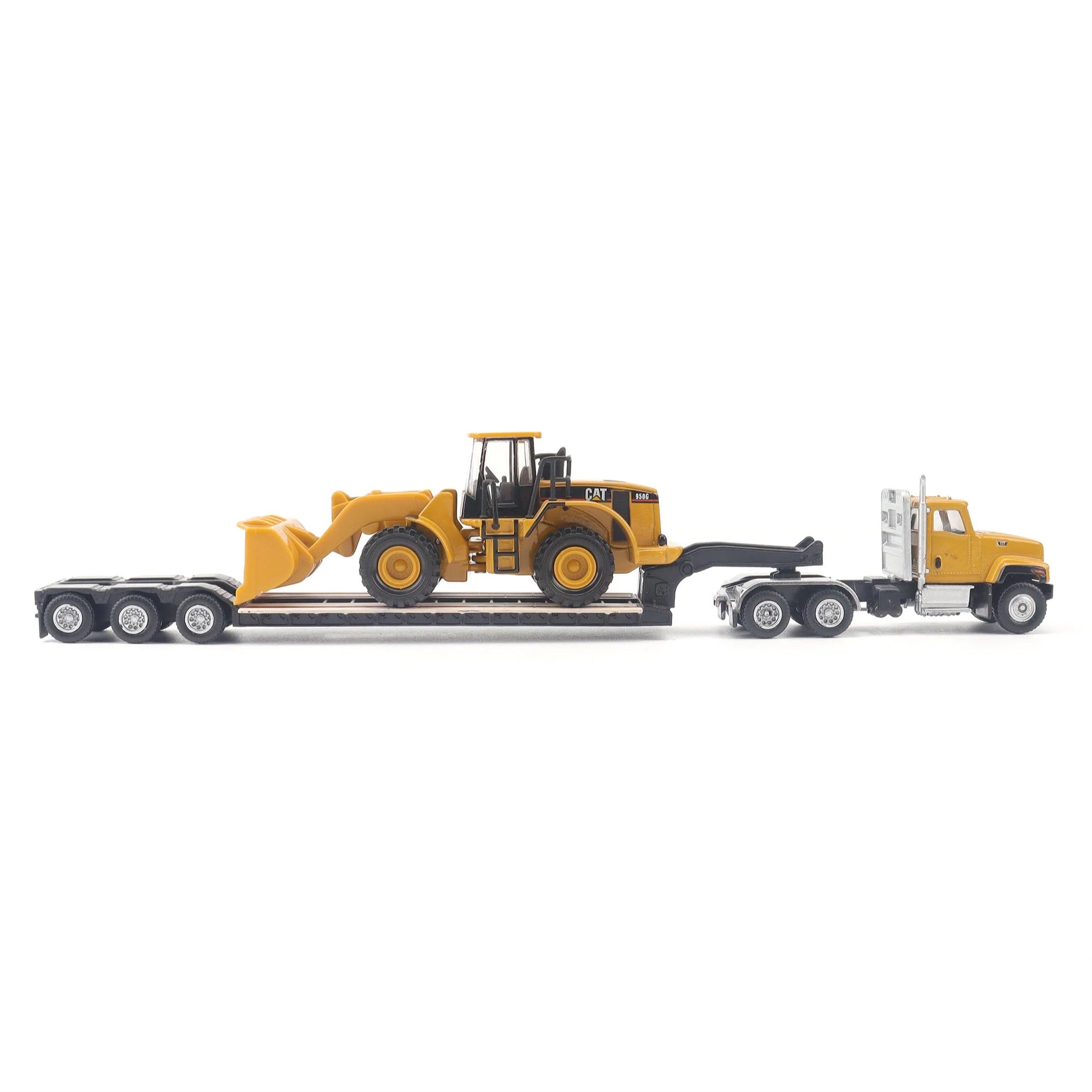 Cat Caterpillar Ct681 Day Cab Tractor Yellow With Lowboy Trailer And Cat 950G Wheel Loader Yellow 1/87 (Ho) Diecast Model By Diecast Masters
