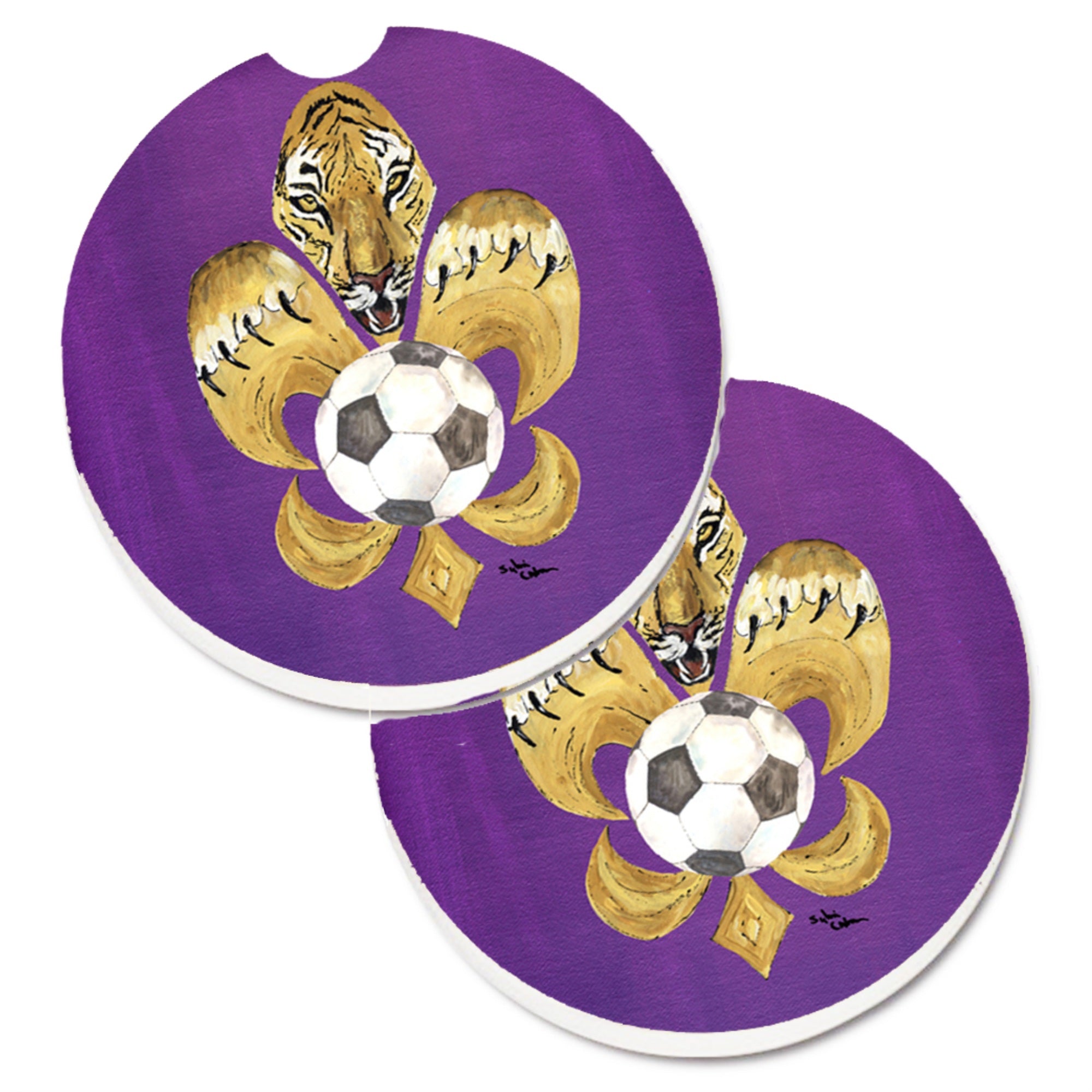 Caroline'S Treasures Tiger Fleur De Lis Soccer Set Of 2 Cup Holder Car Coasters 8477Carc, 2.56, Multicolor