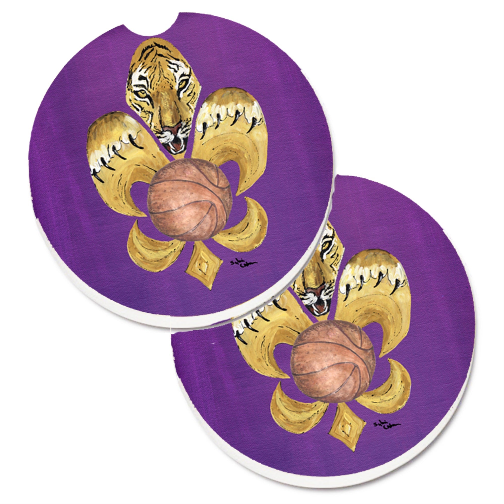 Caroline'S Treasures Tiger Fleur De Lis Basketball Set Of 2 Cup Holder Car Coasters 8478Carc, 2.56, Multicolor