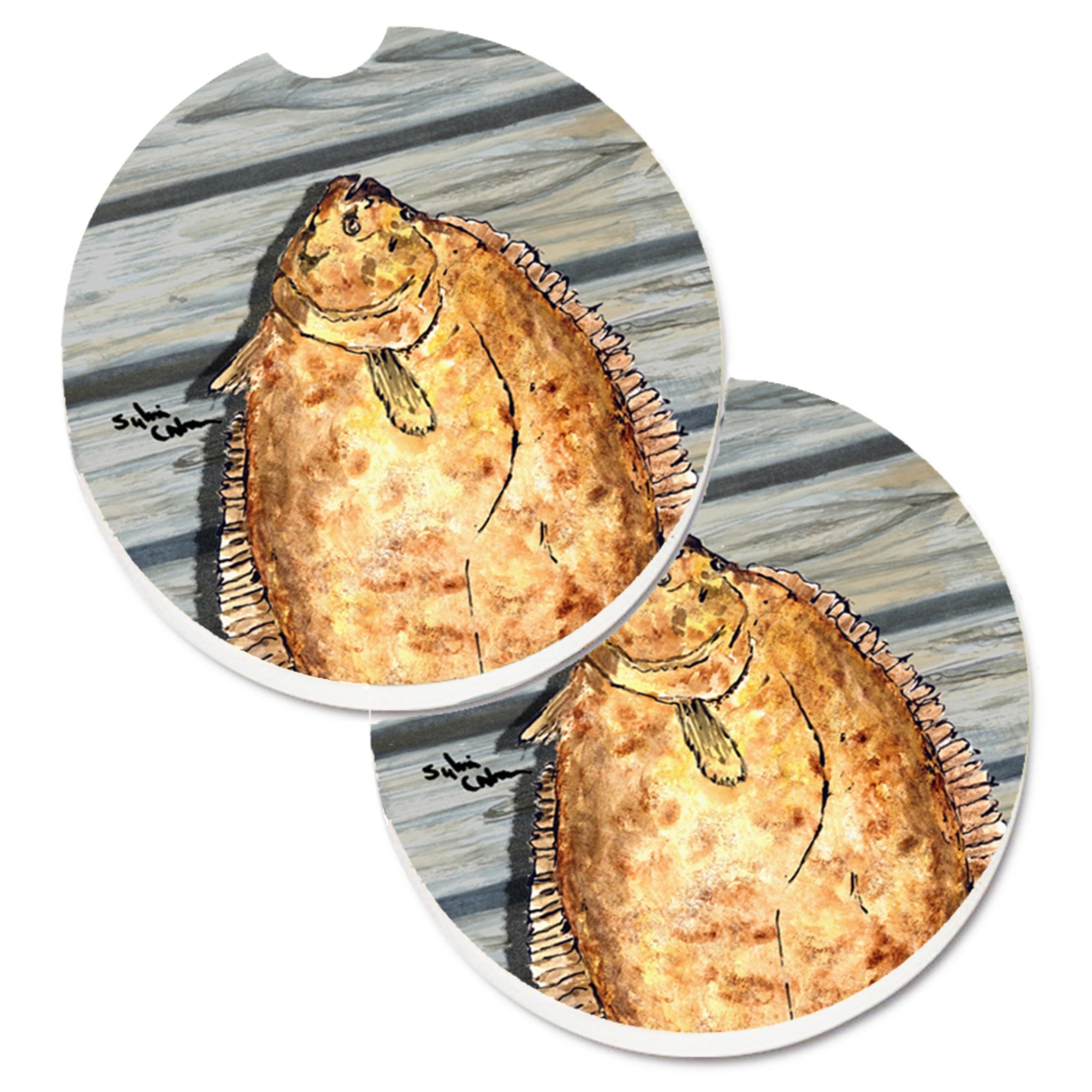 Caroline'S Treasures Fish Flounder Set Of 2 Cup Holder Car Coasters 8495Carc, 2.56, Multicolor