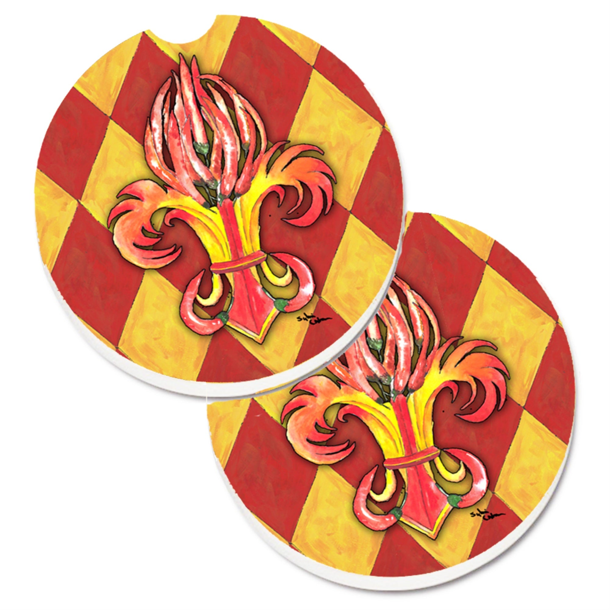 Caroline'S Treasures Peppers Fleur De Lis Set Of 2 Cup Holder Car Coasters 8499Carc, 2.56, Multicolor