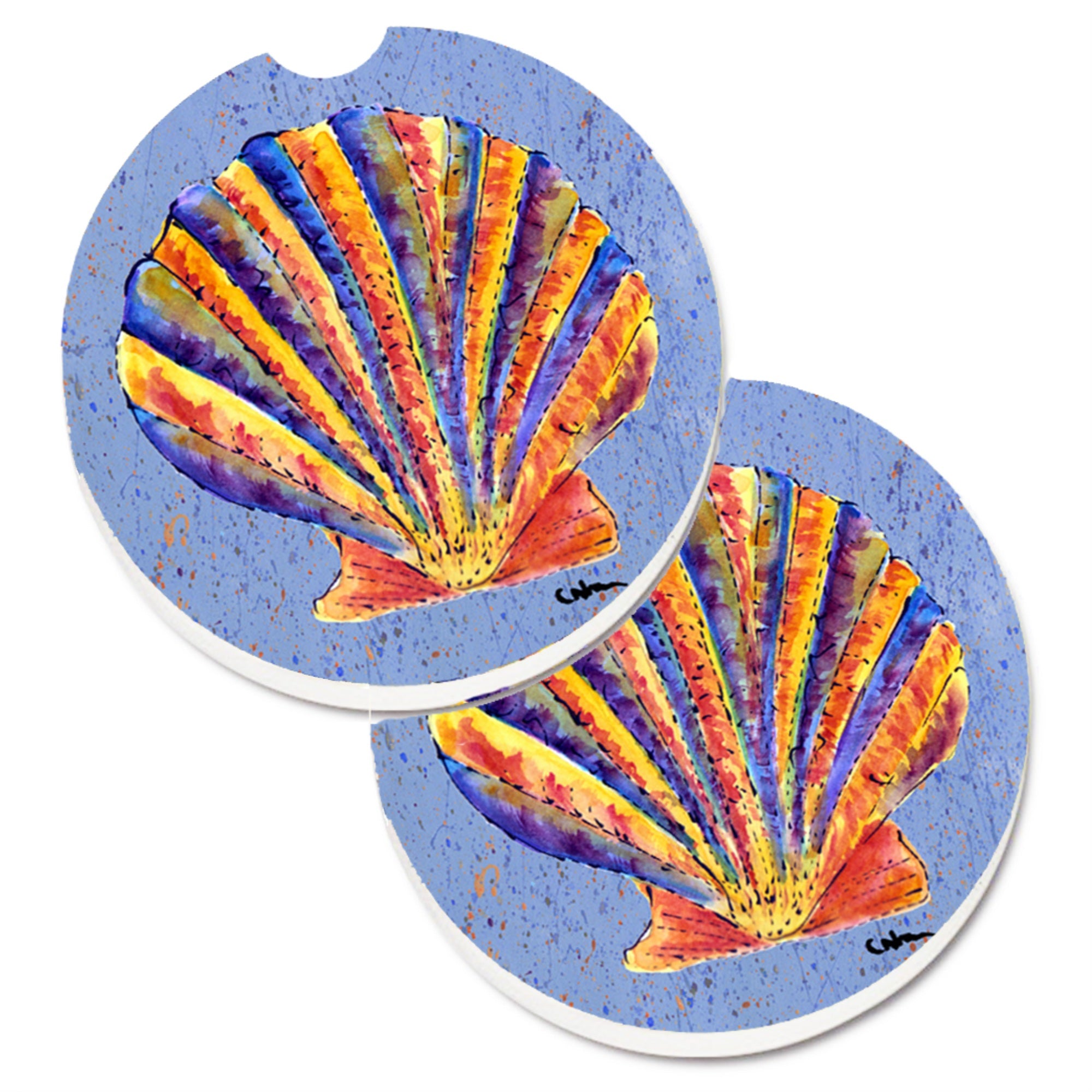 Caroline'S Treasures Scalloped Shell On Blue Set Of 2 Cup Holder Car Coasters 8525Carc, 2.56, Multicolor