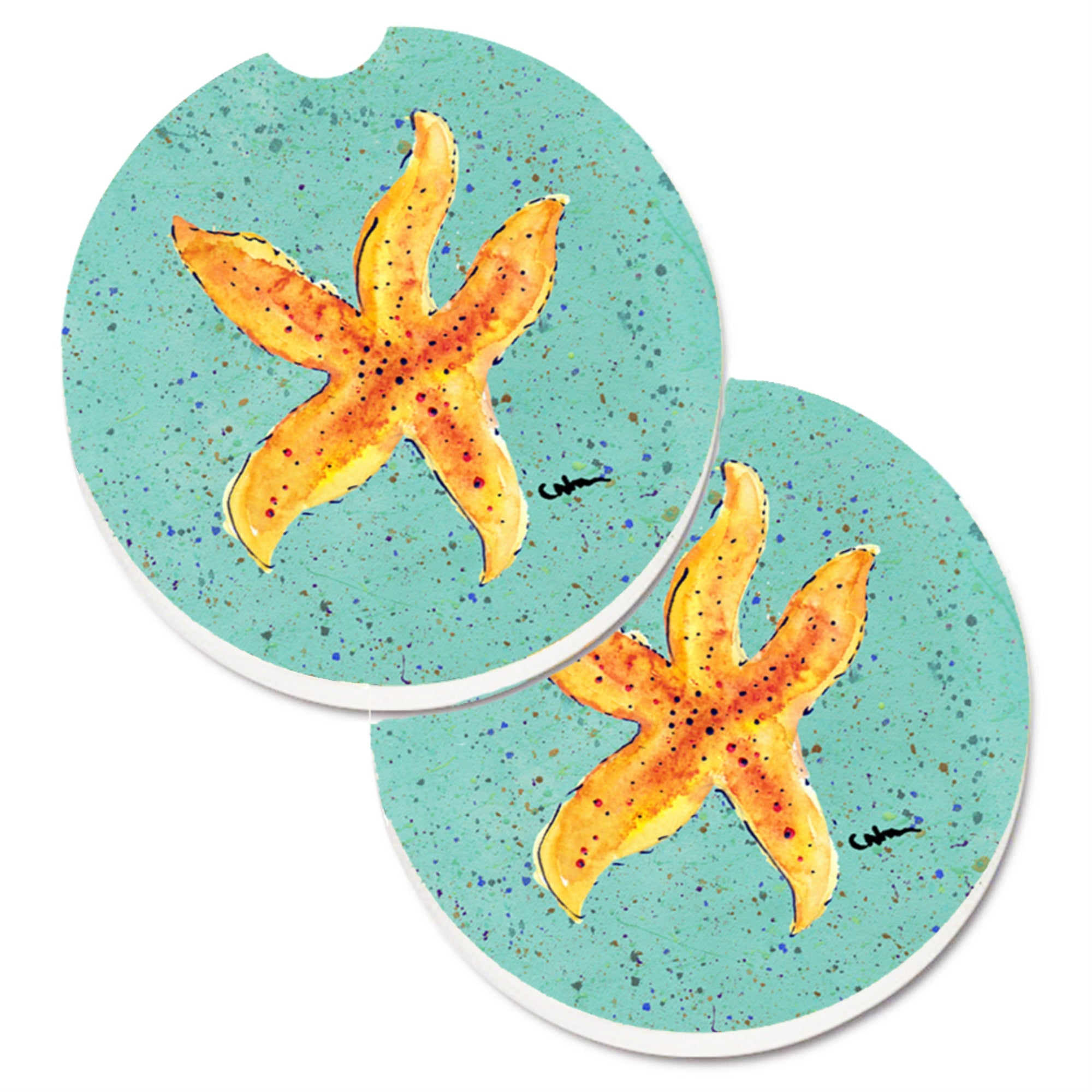 Caroline'S Treasures Starfish On Teal Set Of 2 Cup Holder Car Coasters 8527Carc, 2.56, Multicolor