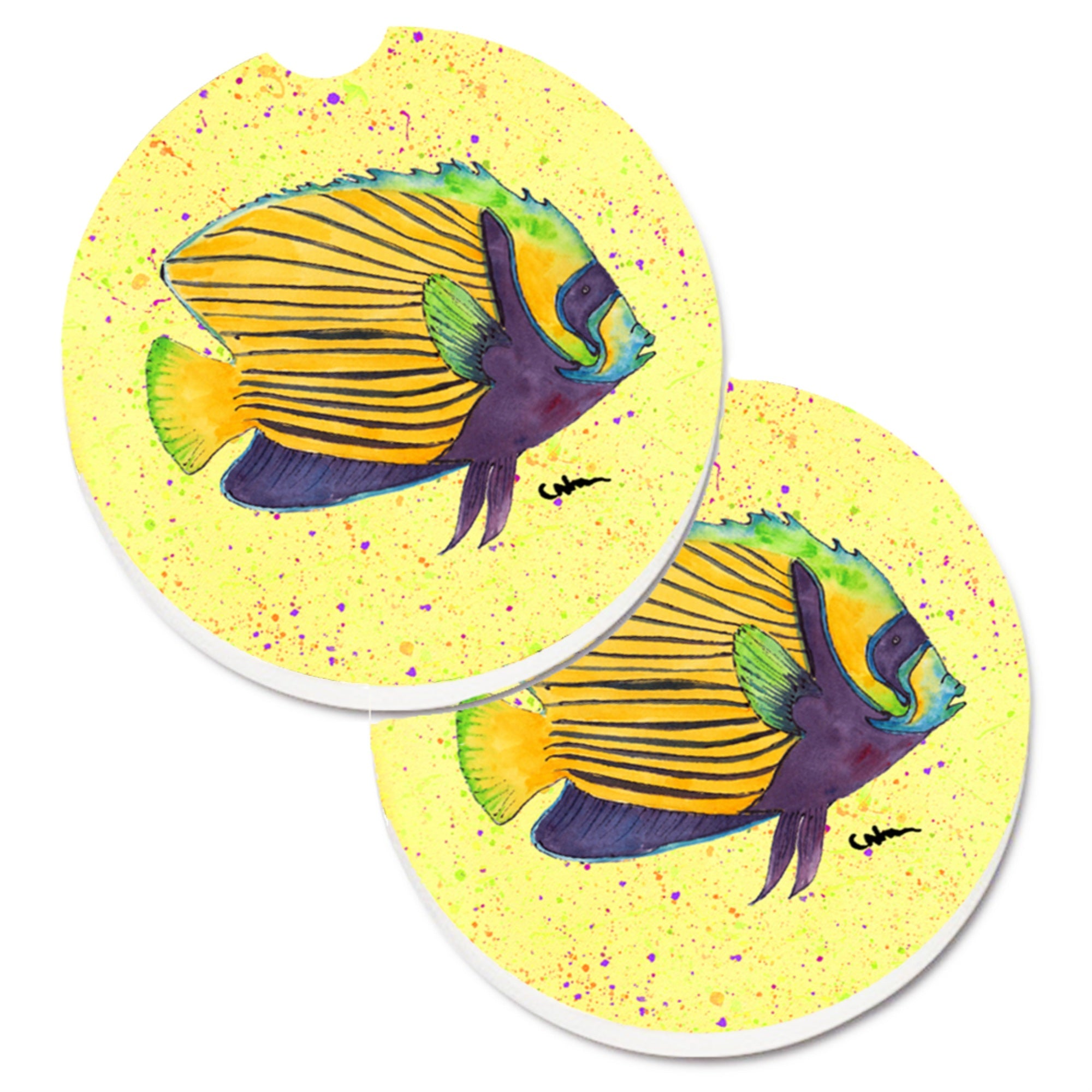 Caroline'S Treasures Yellow Fish On Yellow Set Of 2 Cup Holder Car Coasters 8528Carc, 2.56, Multicolor
