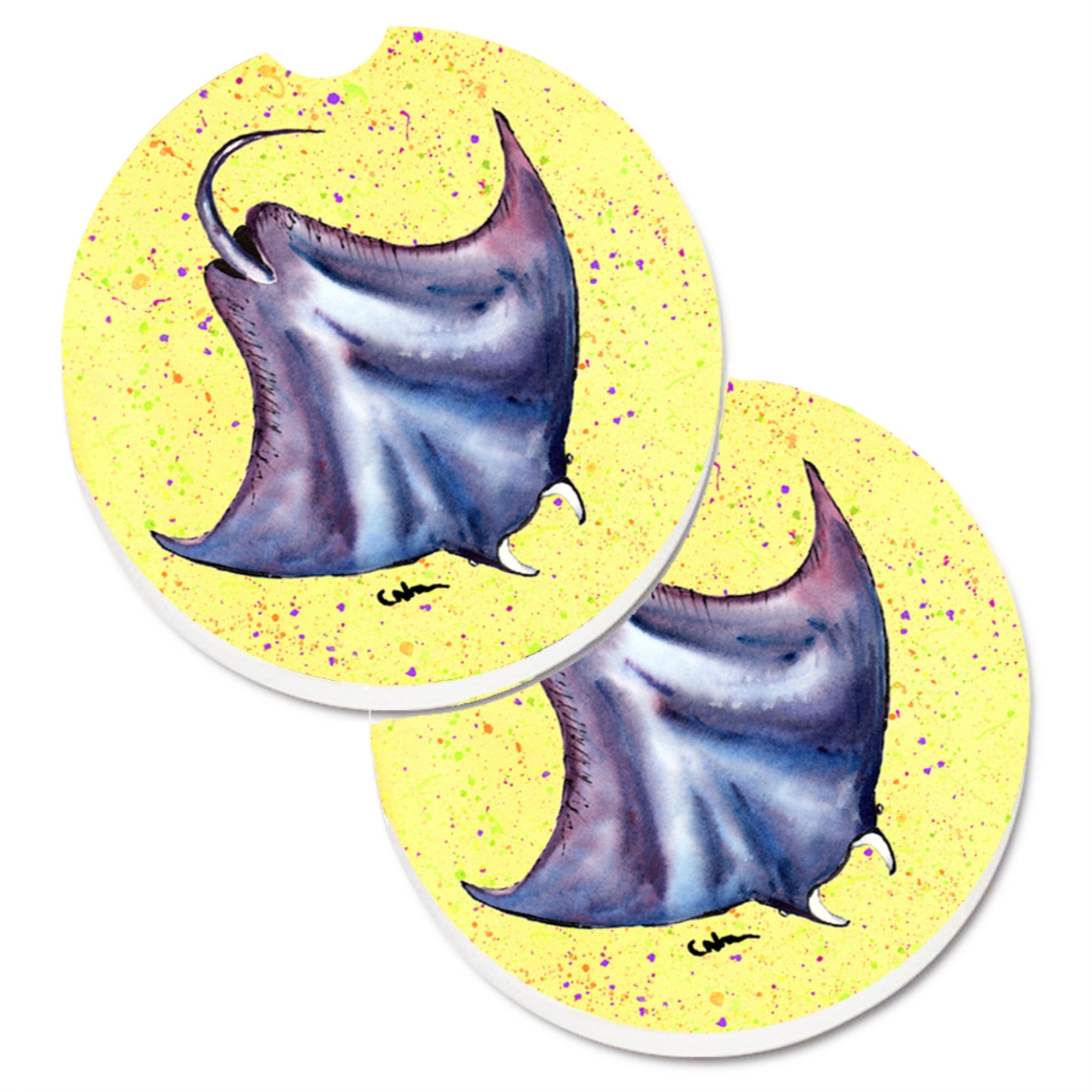 Caroline'S Treasures Stingray On Yellow Set Of 2 Cup Holder Car Coasters 8531Carc, 2.56, Multicolor