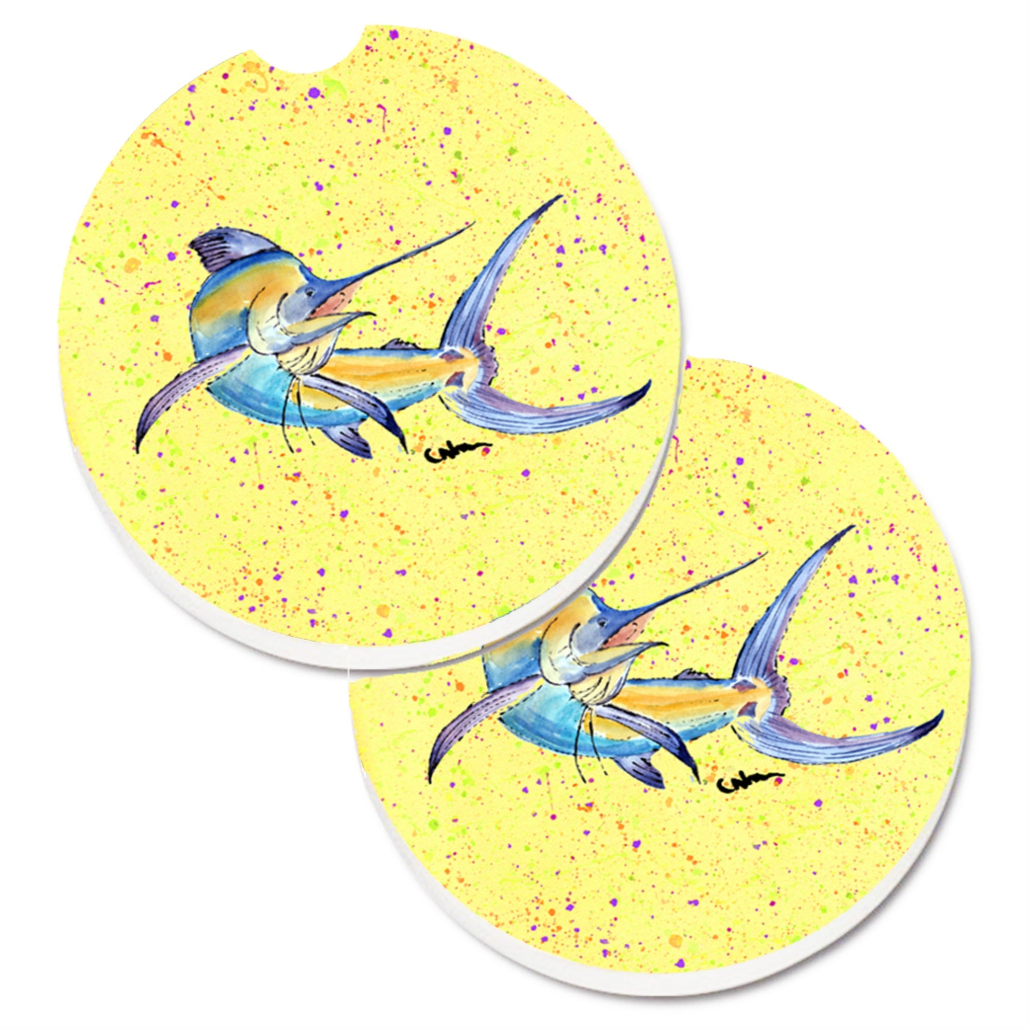 Caroline'S Treasures Blue Marlin On Yellow Set Of 2 Cup Holder Car Coasters 8533Carc, 2.56, Multicolor