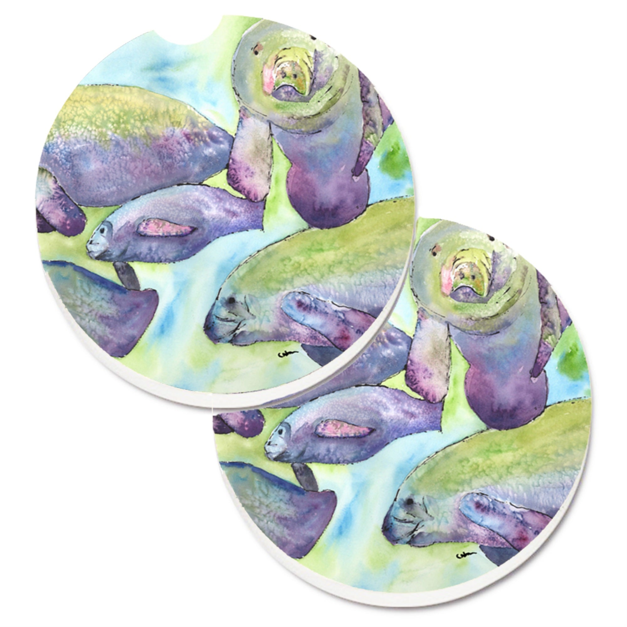 Caroline'S Treasures Manatee Set Of 2 Cup Holder Car Coasters 8544Carc, 2.56, Multicolor