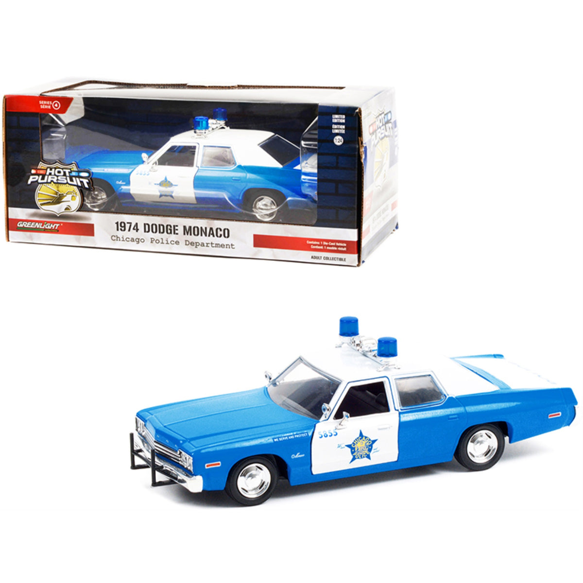 1974 Dodge Monaco Blue And White Cpd 'Chicago Police Department' (Illinois) 'Hot Pursuit' Series 1/24 Diecast Model Car By Greenlight