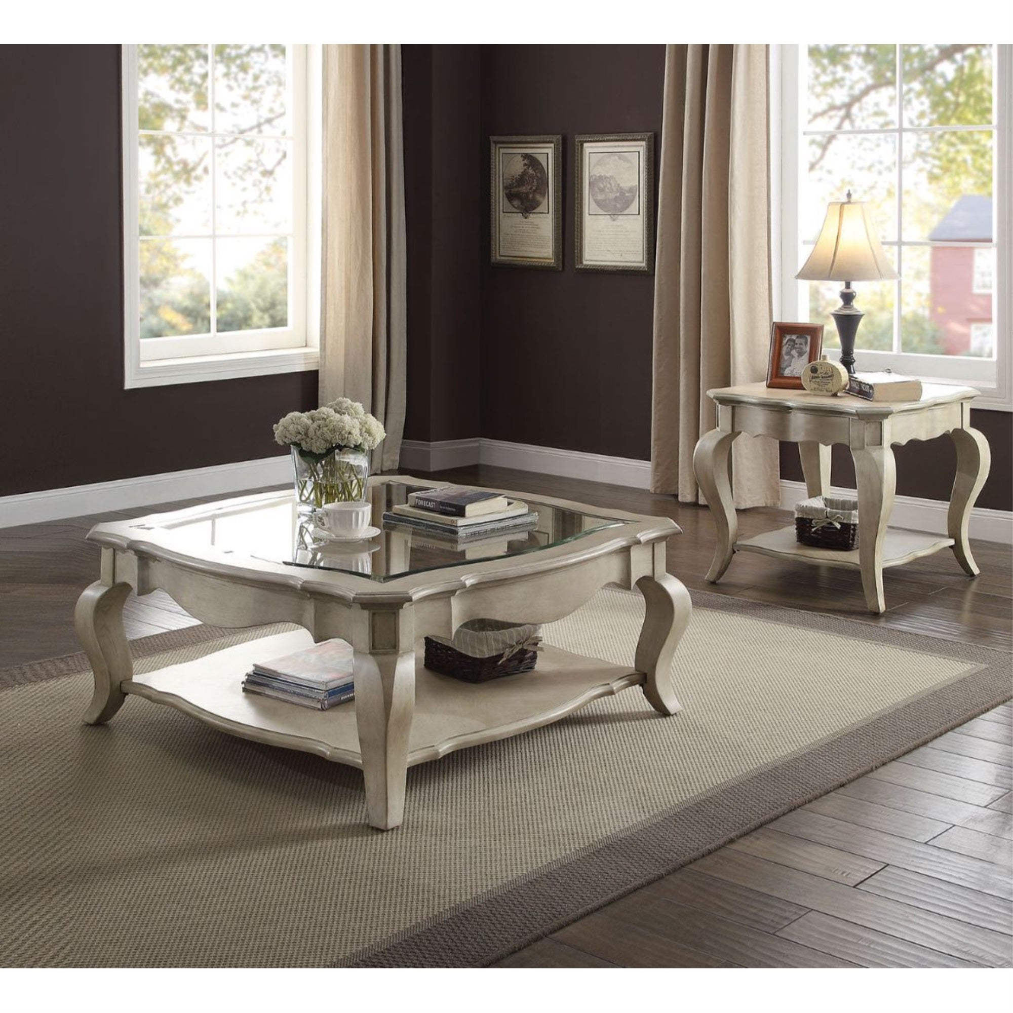 Yadlio Coffee Table - Classic Country Style with Glass Top, Storage Shelf, Carved Detailing, and Cabriole Legs - Elegant and Functional Furniture for Living Room