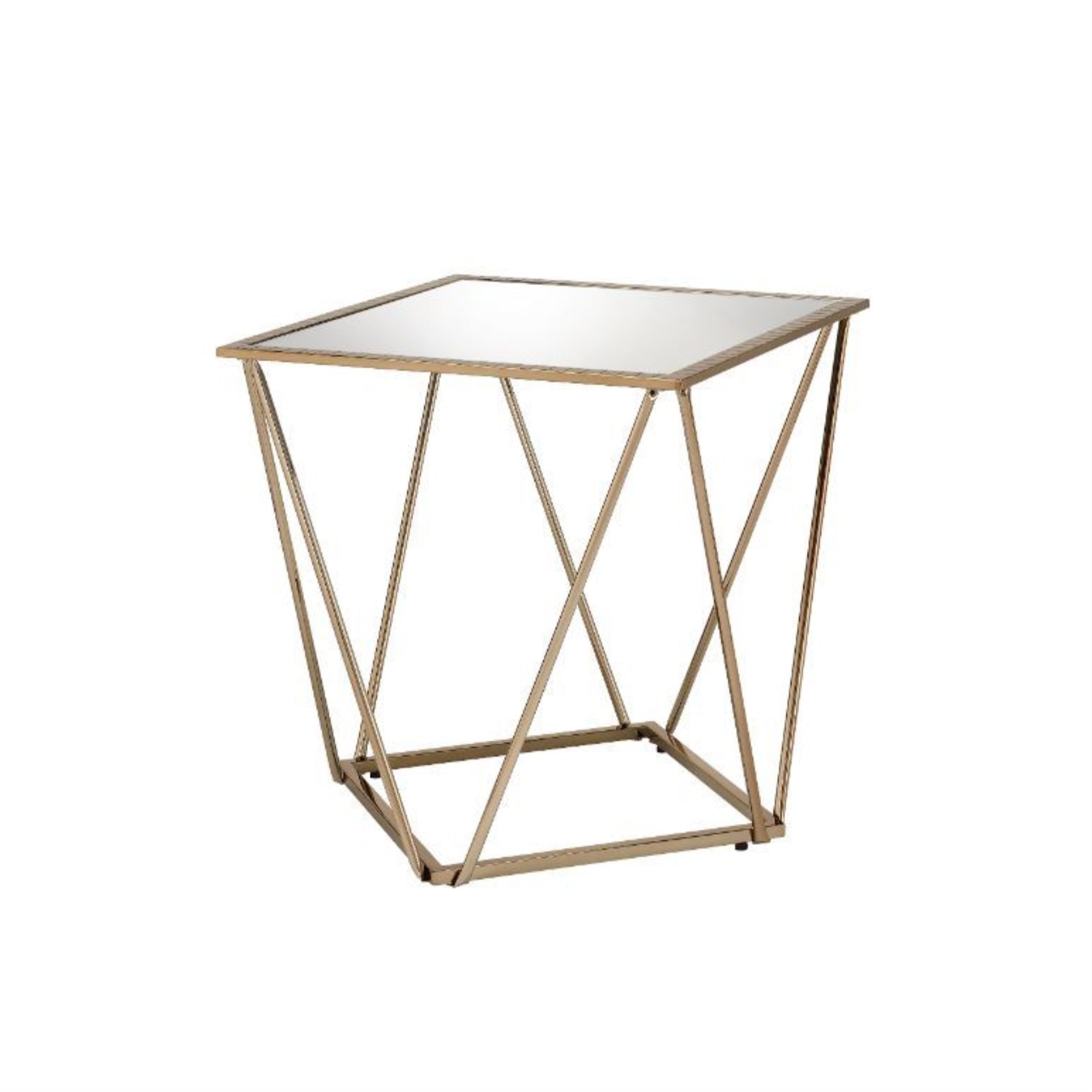 Yardlio Mirrored & Champagne Gold Finish End Table - Modern Geometric Design with Square Table Top and Irregular Metal Base
