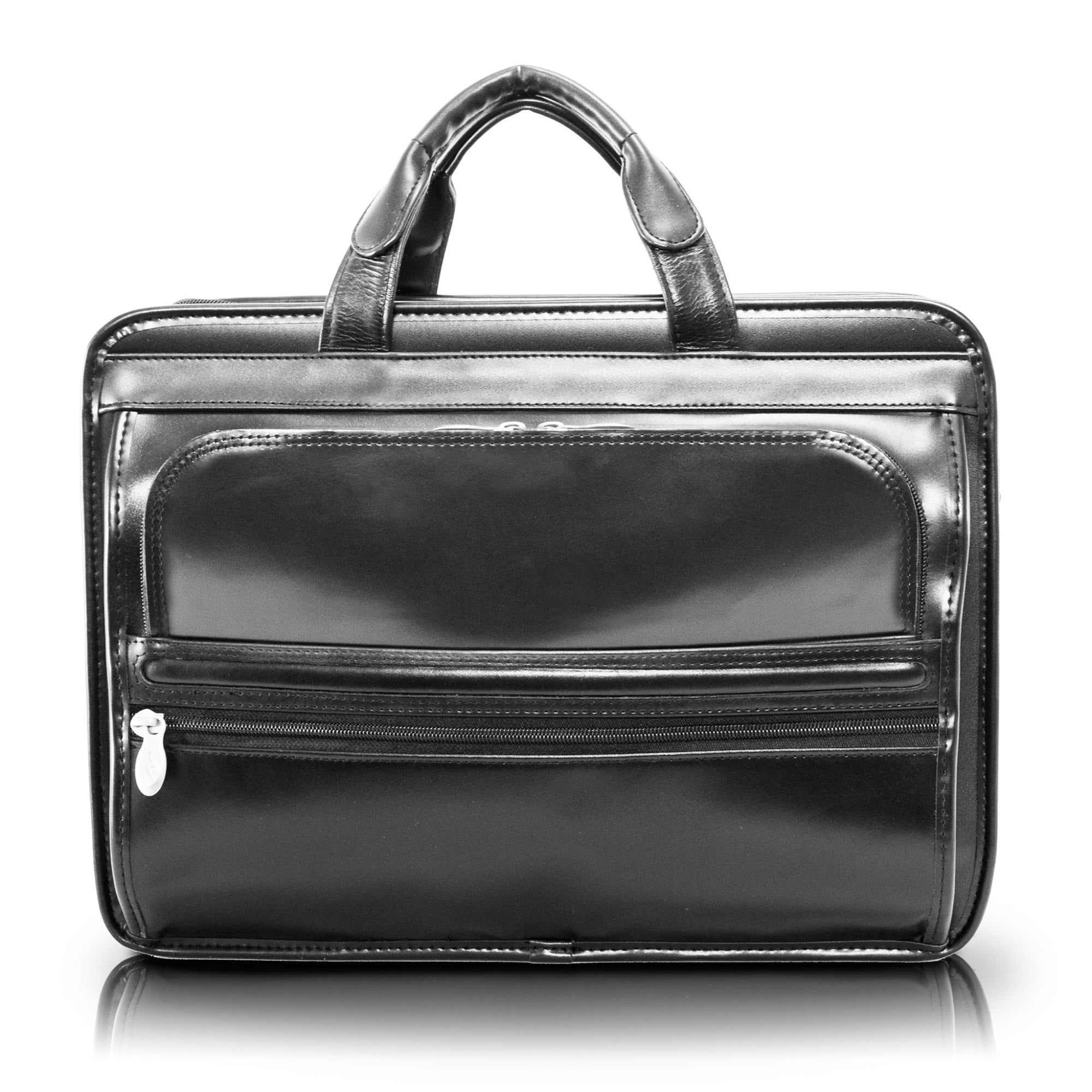P Series | Elston | 15 Leather Fly-Through Checkpoint-Friendly Double Compartment Laptop Briefcase - Black