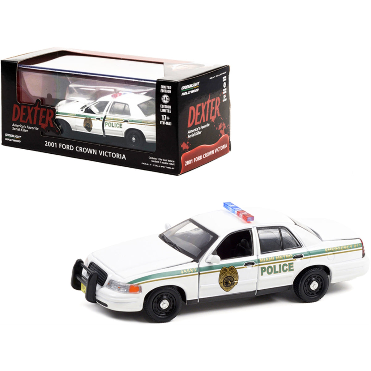 2001 Ford Crown Victoria Police Interceptor White 'Miami Metro Police Department' 'Dexter' (2006-2013) Tv Series 1/43 Diecast Model Car By Greenlight