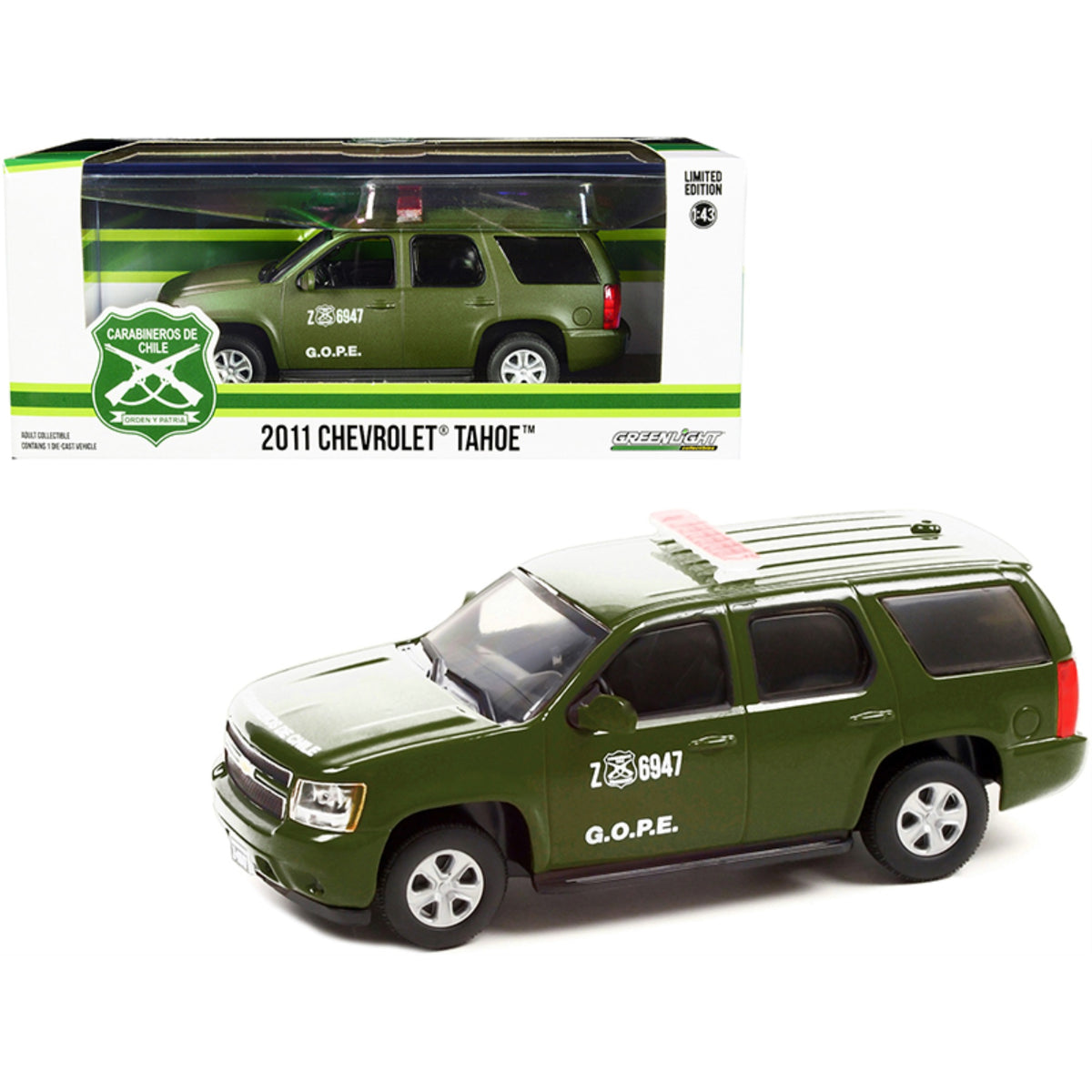 2011 Chevrolet Tahoe Police Car Matt Green 'Carabineros De Chile' G.O.P.E. 'Grupo De Operaciones Policiales Especiales' 1/43 Diecast Model Car By Greenlight