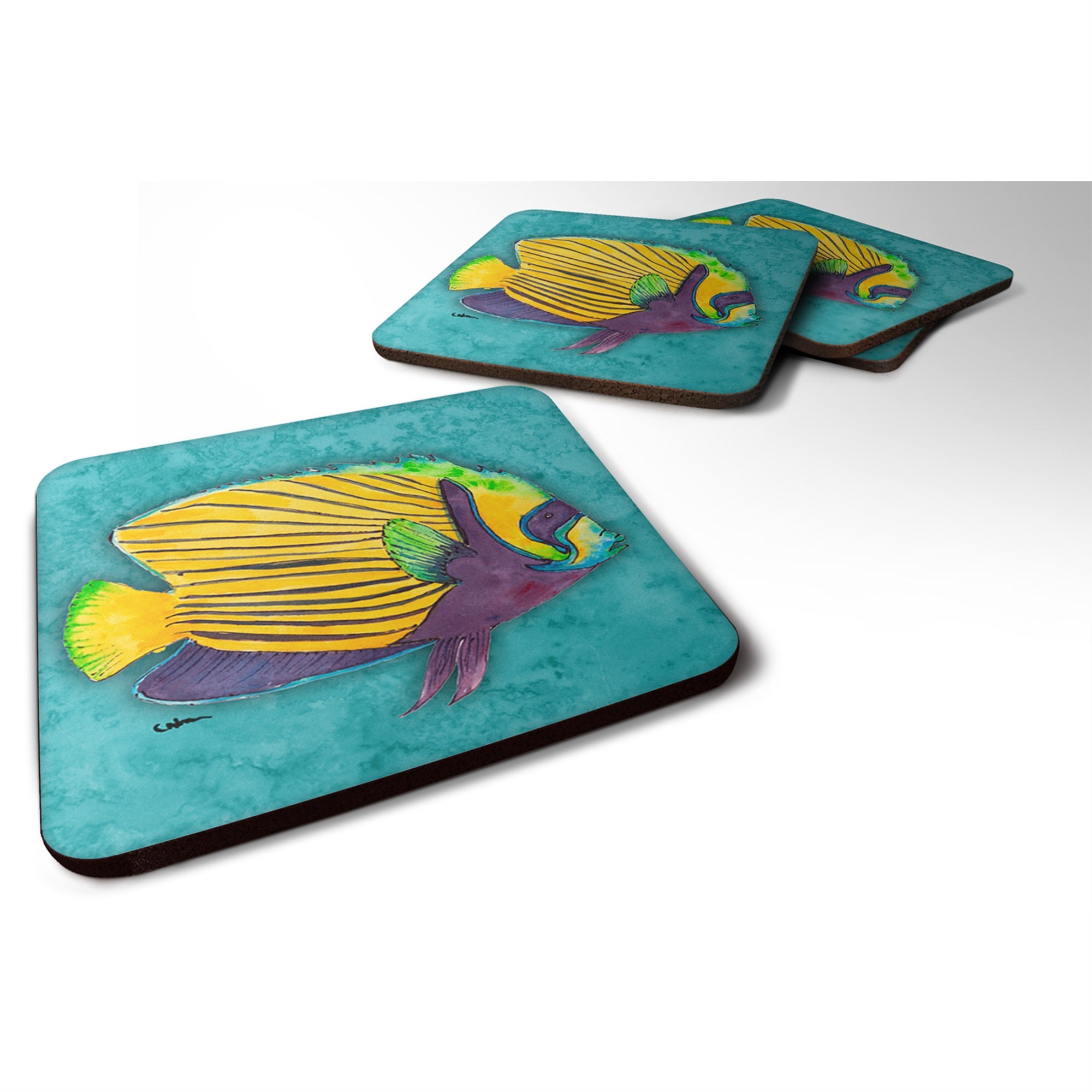 Caroline'S Treasures 8674Fc Fish Tropical On Teal Foam Coasters (Set Of 4), 3.5 H X 3.5 W, Multicolor