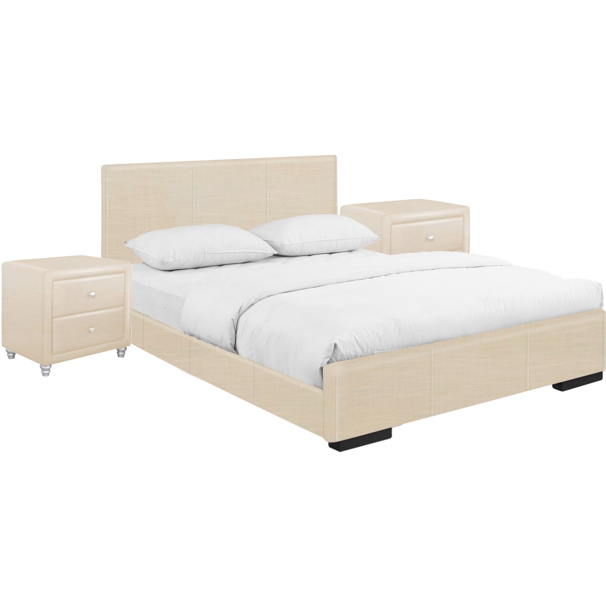 Hindes Upholstered Platform Bed, Beige, Queen With 2 Nightstands