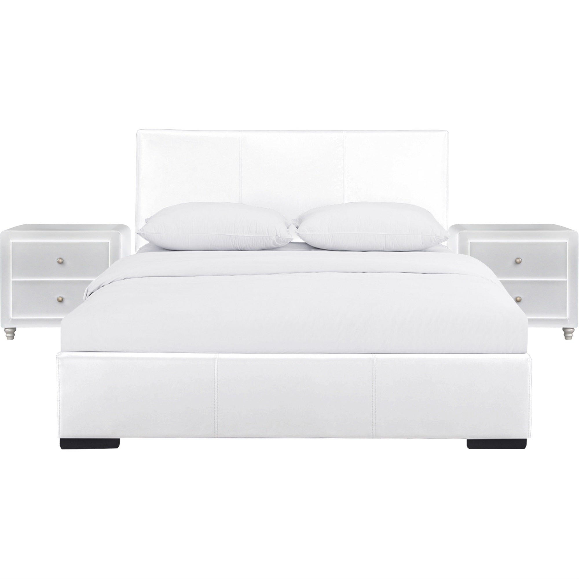 Hindes Upholstered Platform Bed, White, Queen With 2 Nightstands