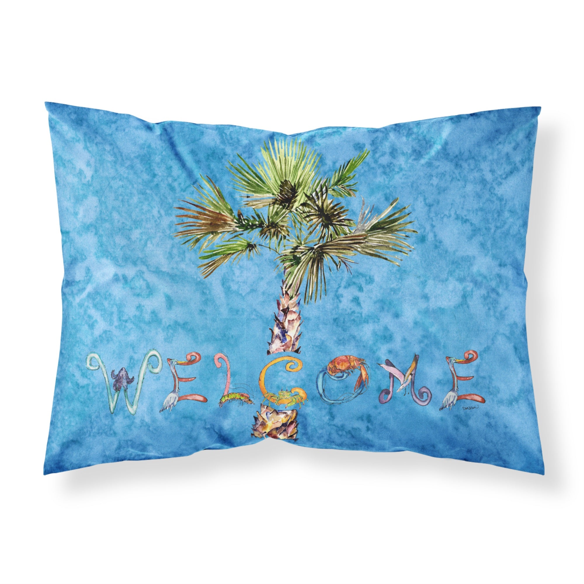 Caroline'S Treasures 8708Pillowcase Welcome Palm Tree On Blue Fabric Standard Pillowcase, Large, Multicolor