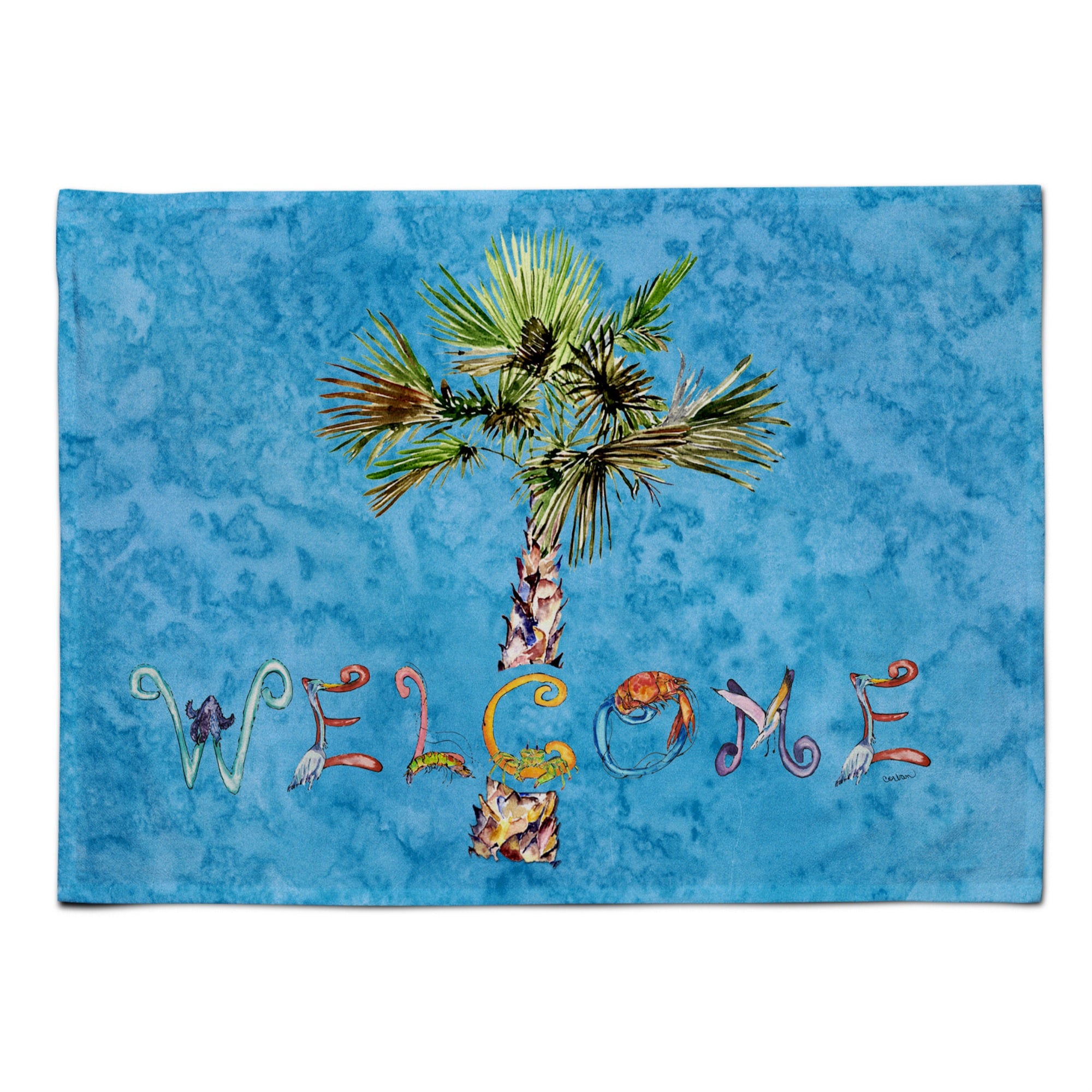 Caroline'S Treasures 8708Plmt Welcome Palm Tree On Blue Fabric Placemat, Multicolor