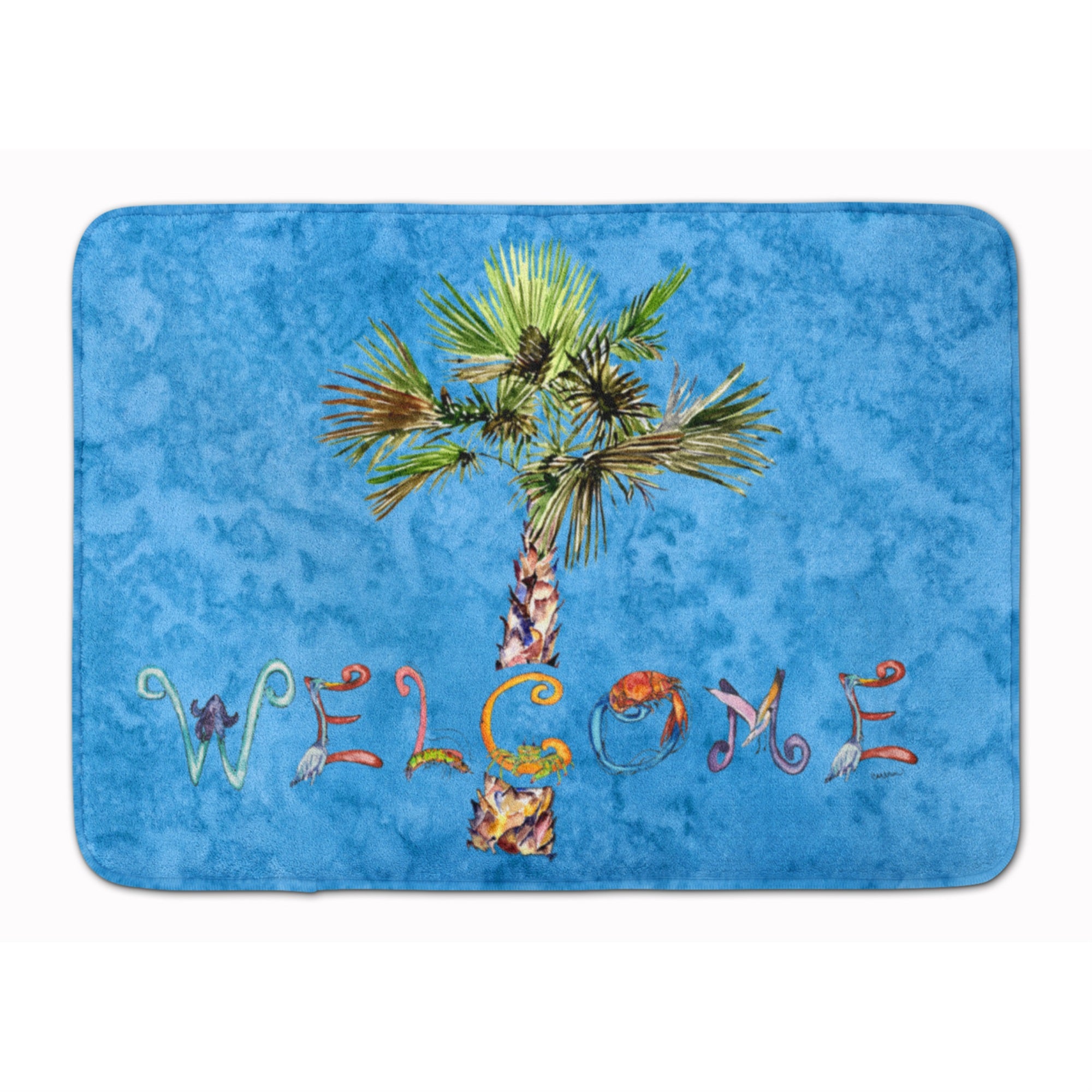 Caroline'S Treasures Welcome Palm Tree On Blue Floor Mat, 19 X 27, Multicolor