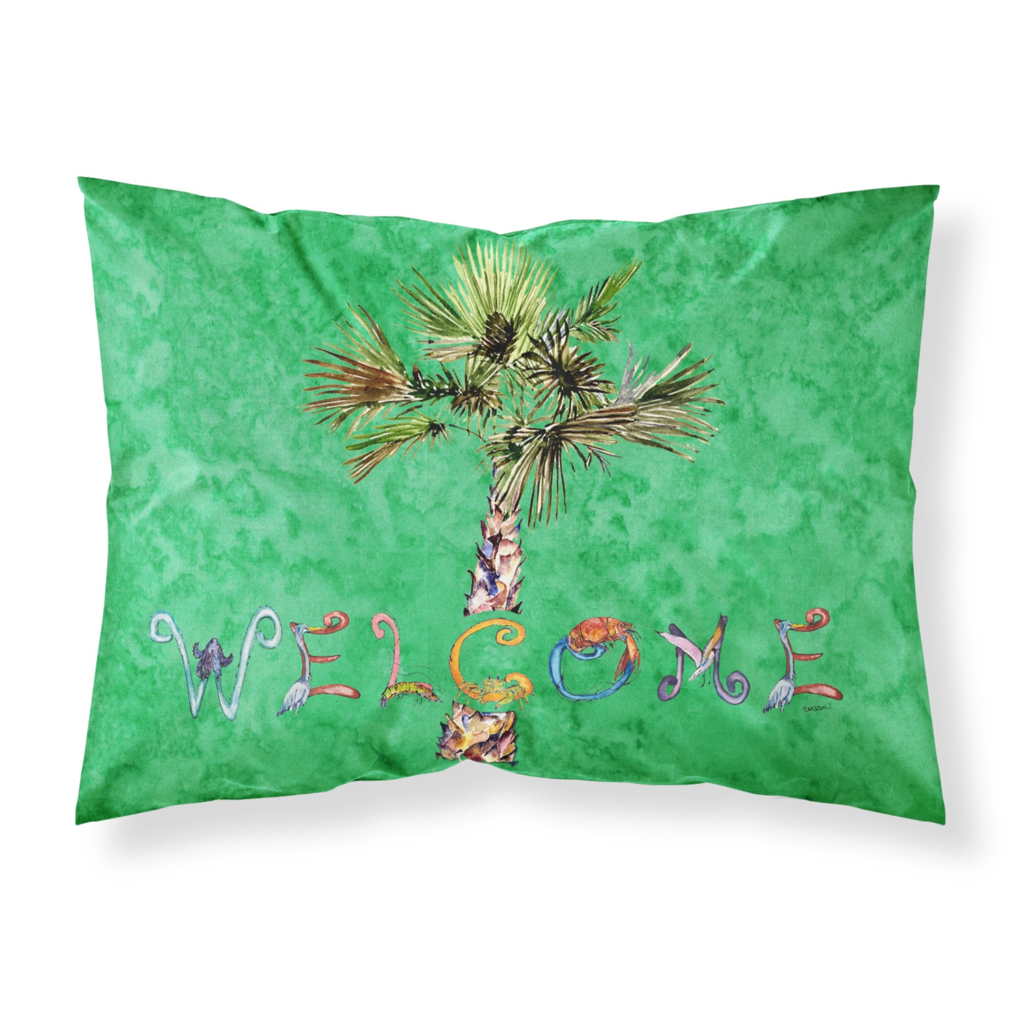 Caroline'S Treasures 8710Pillowcase Welcome Palm Tree On Green Fabric Standard Pillowcase, Large, Multicolor