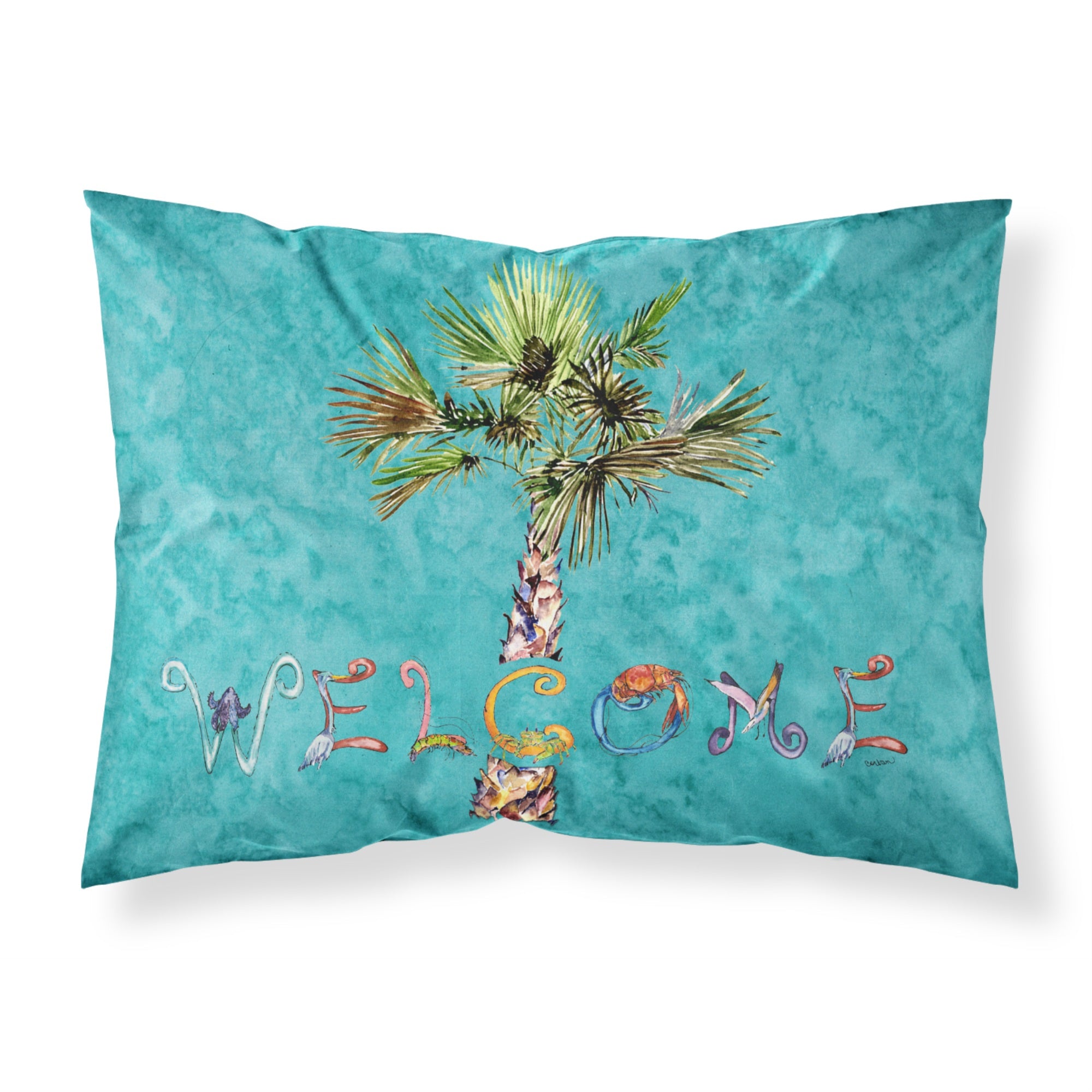 Caroline'S Treasures 8711Pillowcase Welcome Palm Tree On Teal Fabric Standard Pillowcase, Large, Multicolor