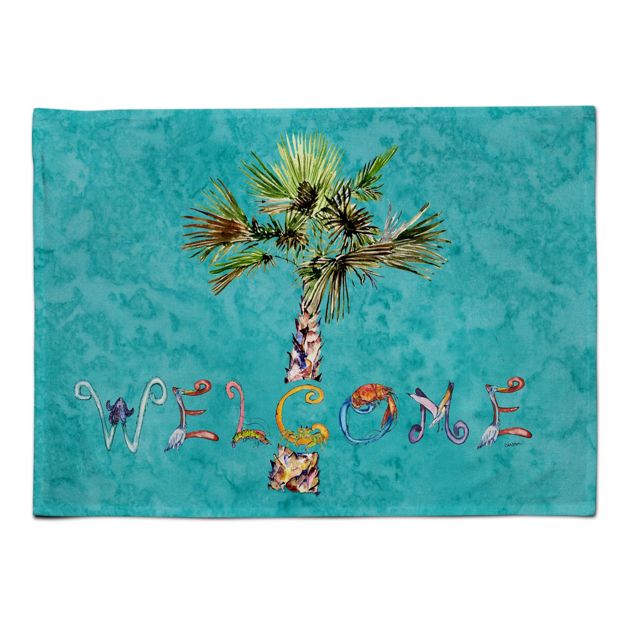 Caroline'S Treasures 8711Plmt Welcome Palm Tree On Teal Fabric Placemat, Multicolor