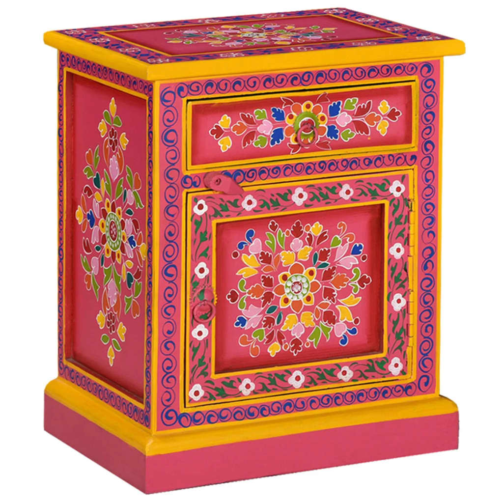 Vidaxl Bedside Cabinet Solid Mango Wood Pink Hand Painted