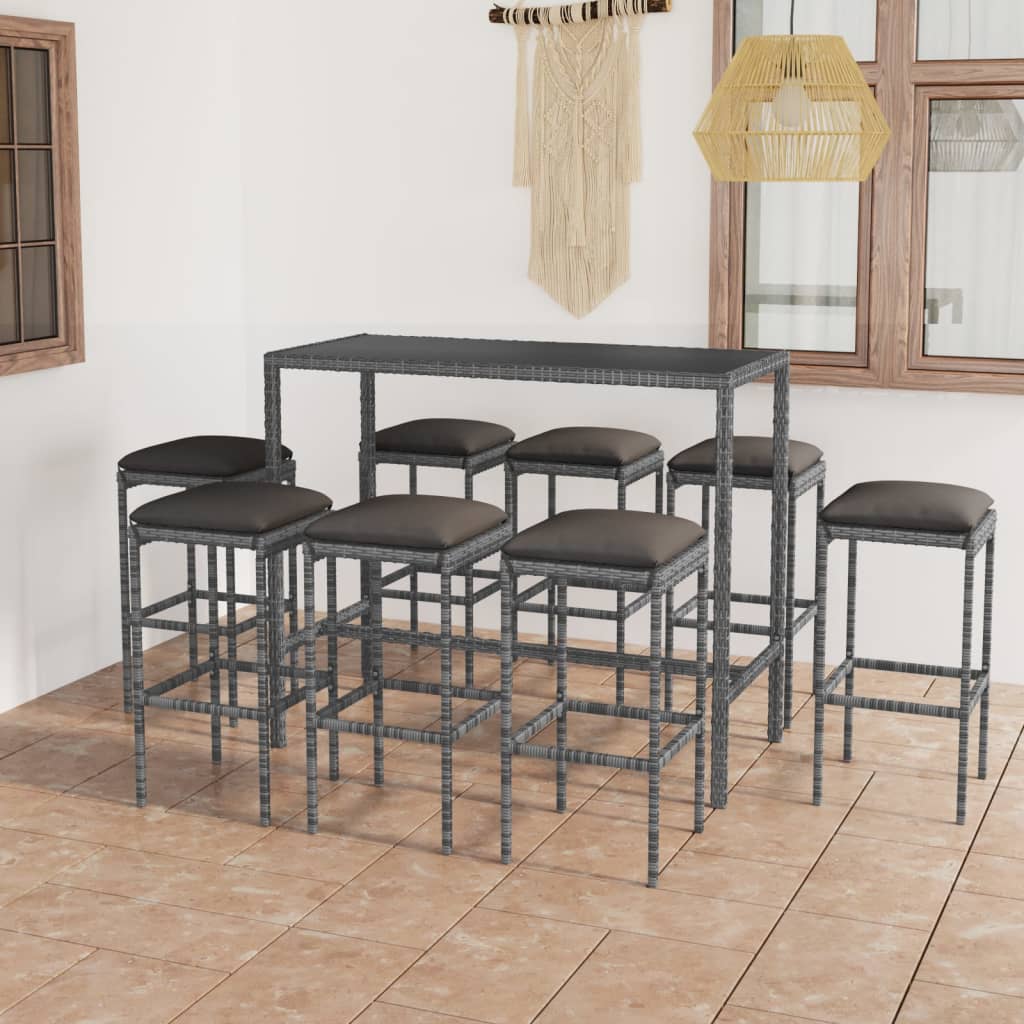Vidaxl 9 Piece Patio Bar Set With Cushions Poly Rattan Gray