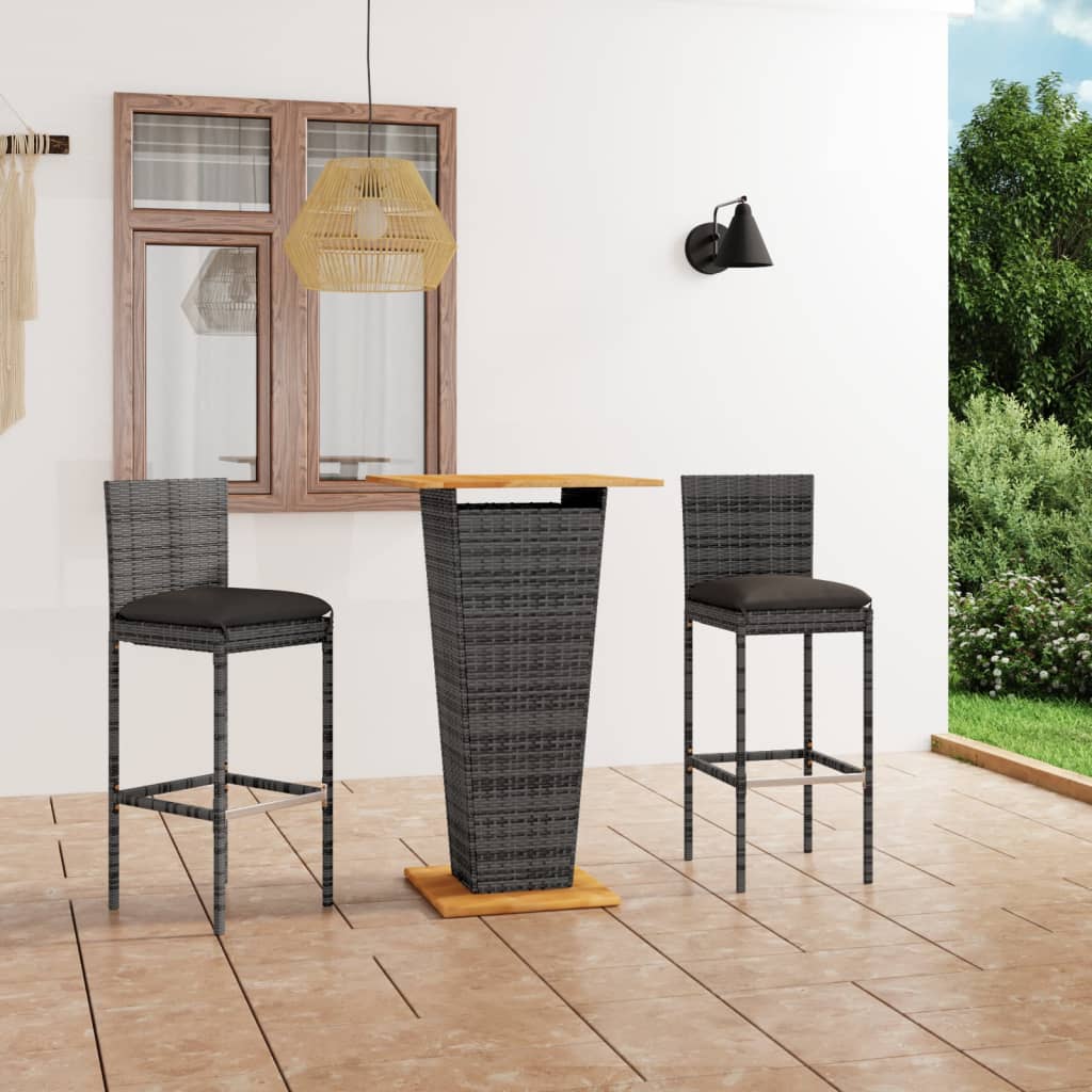Vidaxl 3 Piece Patio Bar Set With Cushions Poly Rattan Gray