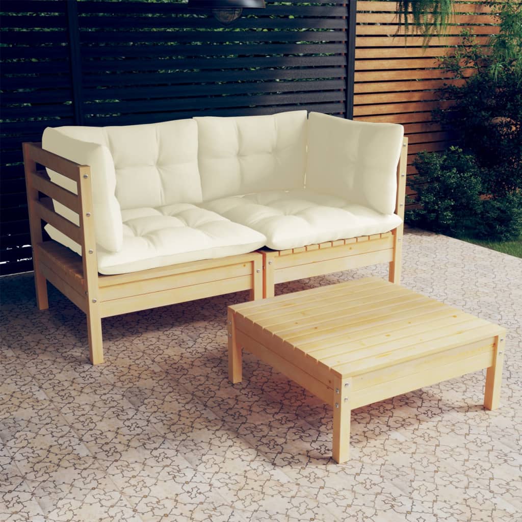 Vidaxl 3 Piece Patio Lounge Set With Cream Cushions Pinewood