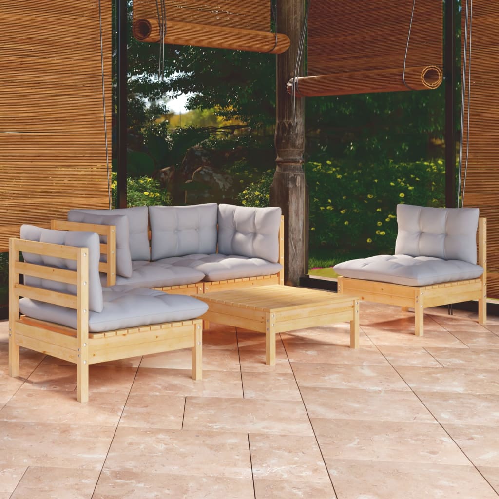 Vidaxl 5 Piece Patio Lounge Set With Gray Cushions Solid Pinewood