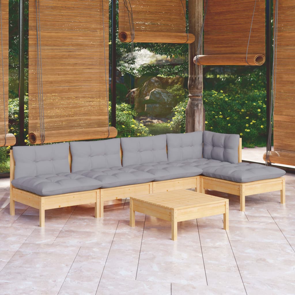 Vidaxl 6 Piece Patio Lounge Set With Gray Cushions Pinewood