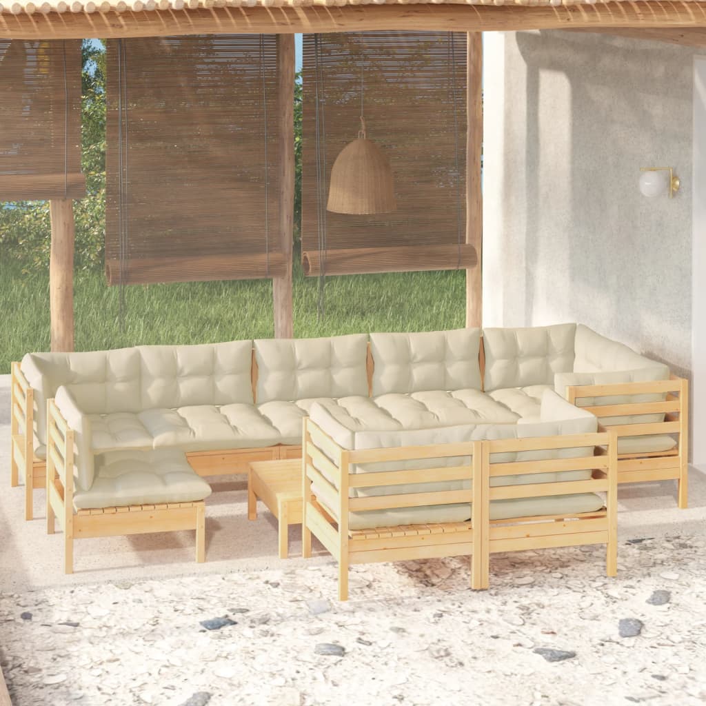 Vidaxl 10 Piece Patio Lounge Set With Cream Cushions Solid Pinewood